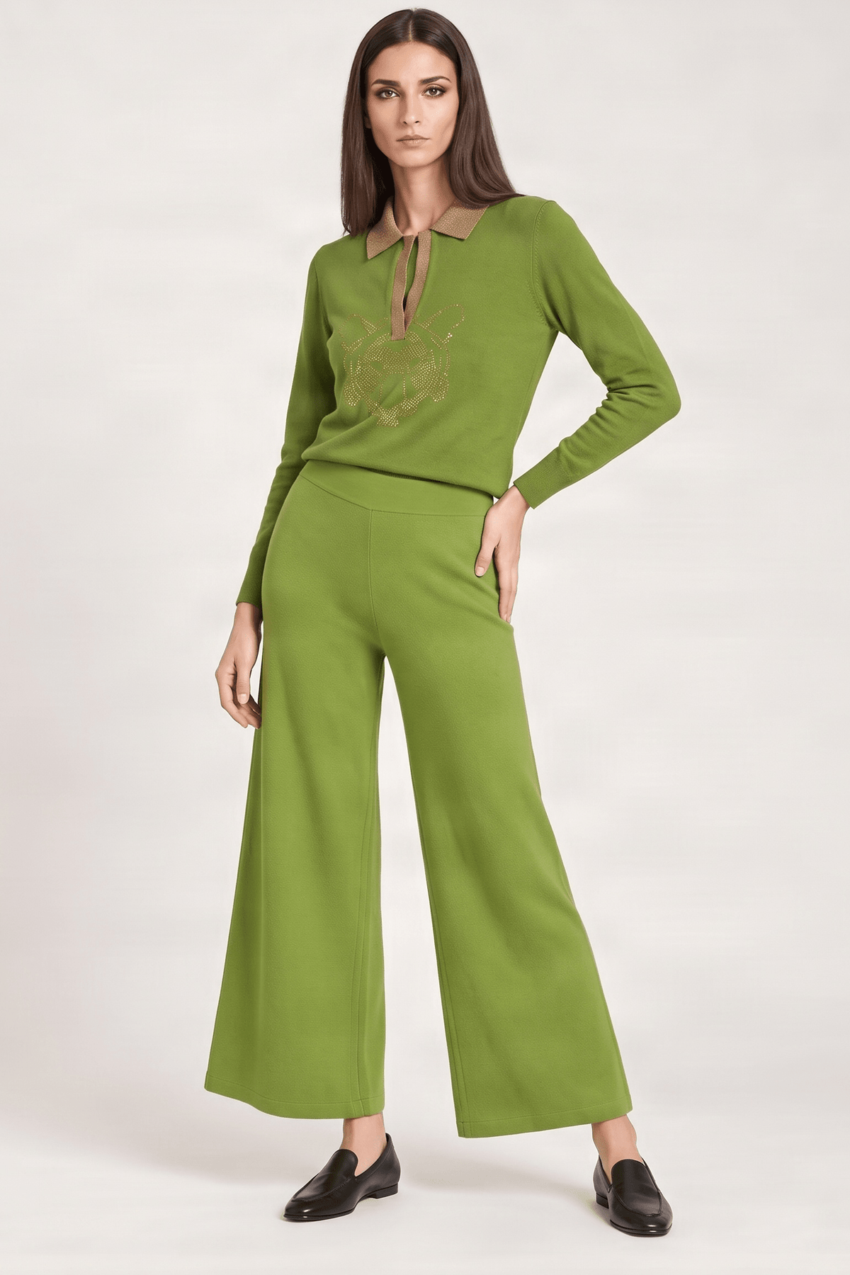 Pantalon de punto verde ancho con strass Lolitas&L - lolitasyl.com
