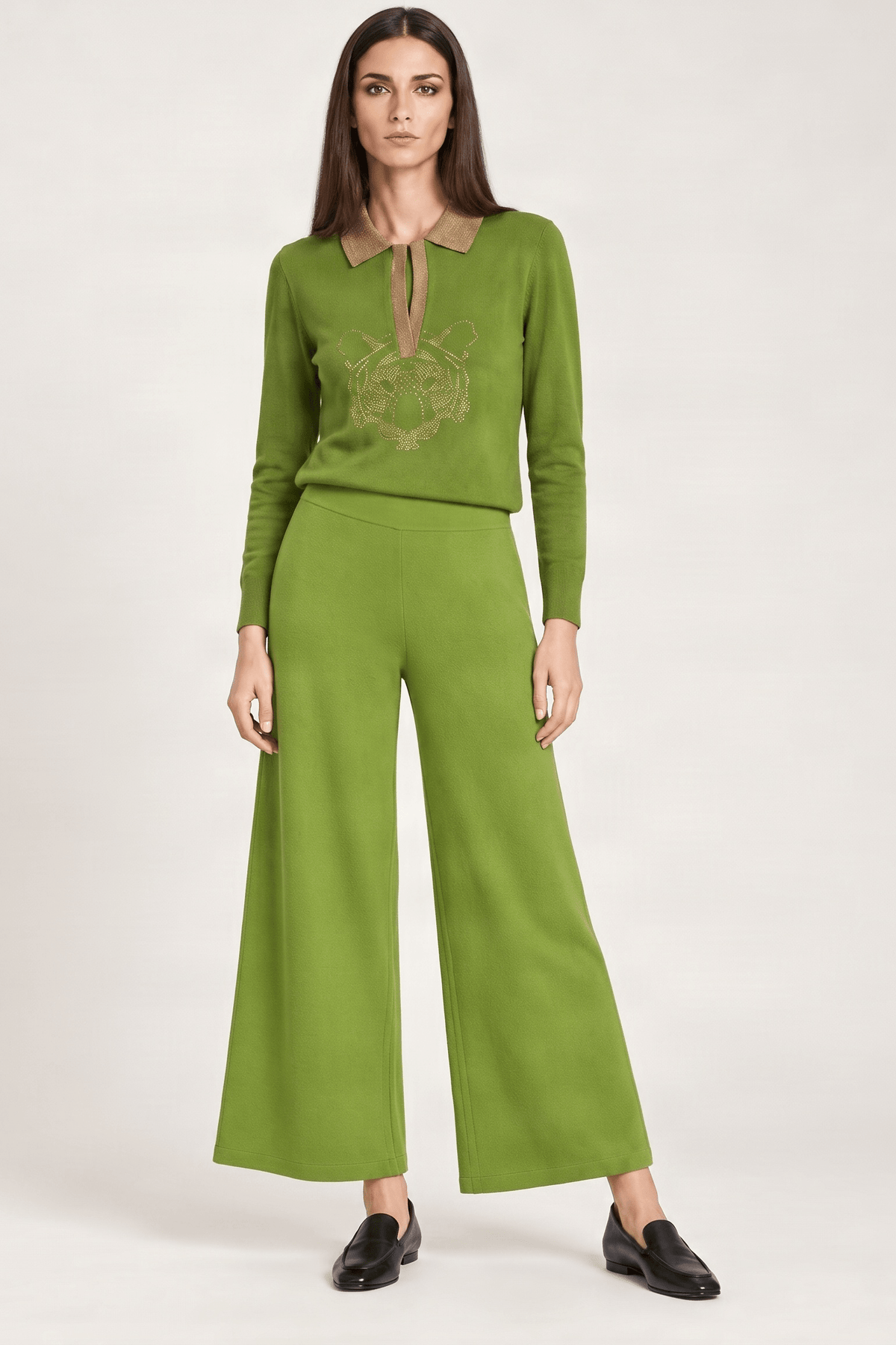 Pantalon de punto verde ancho con strass Lolitas&L - lolitasyl.com