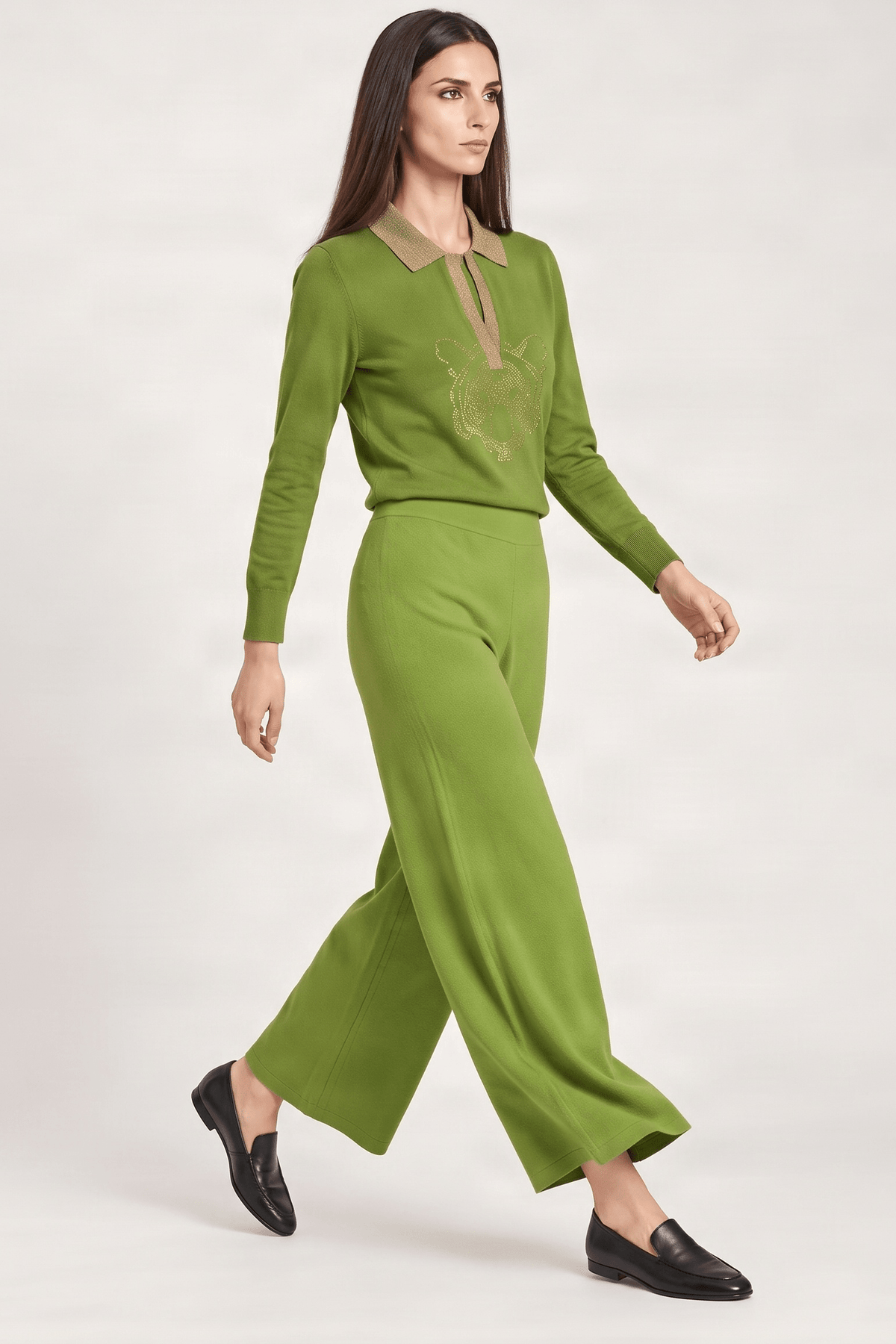 Pantalon de punto verde ancho con strass Lolitas&L - lolitasyl.com
