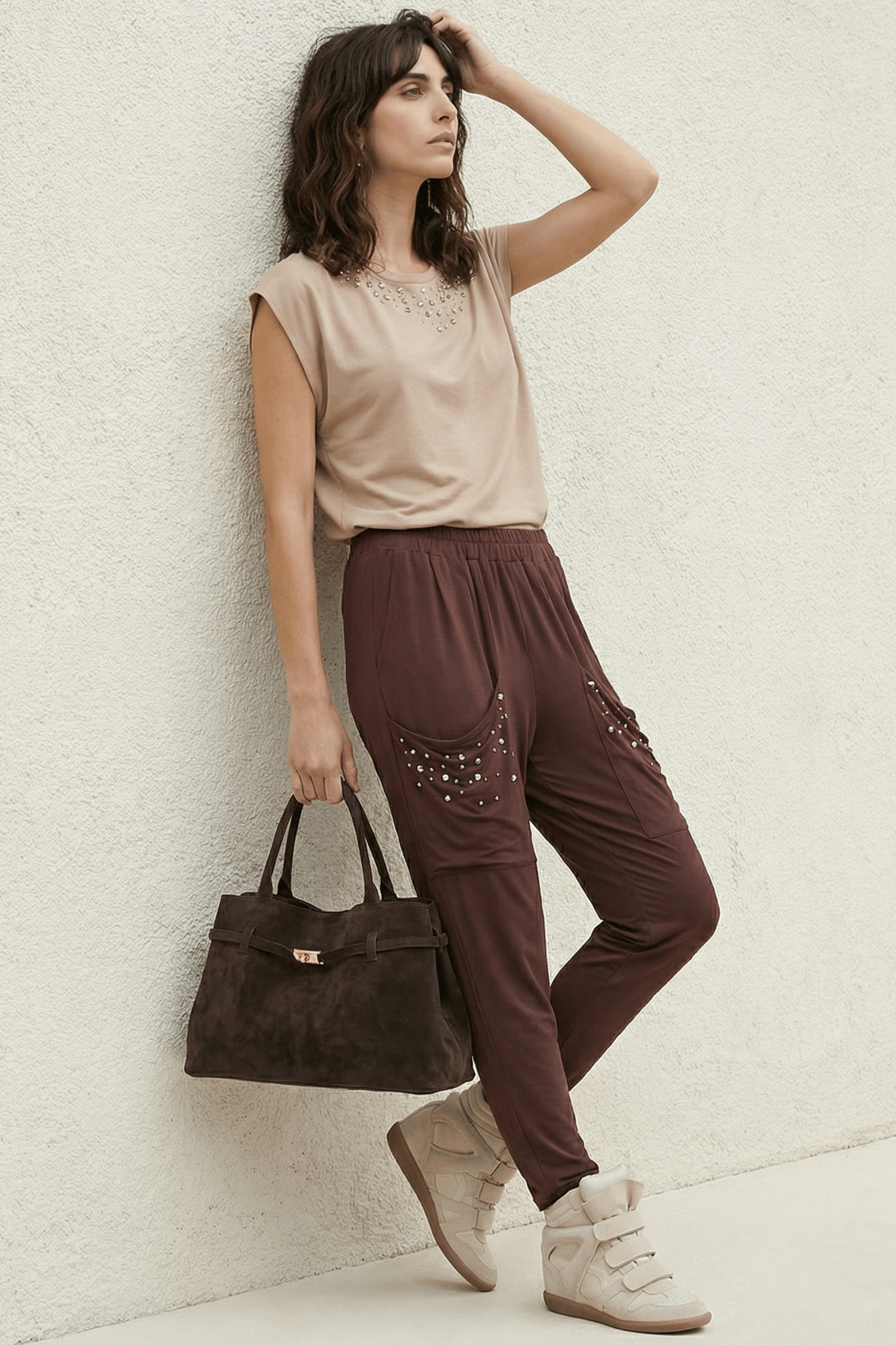 Pantalon marron baggy con strass y bolsillos Lolitas&L - lolitasyl.com