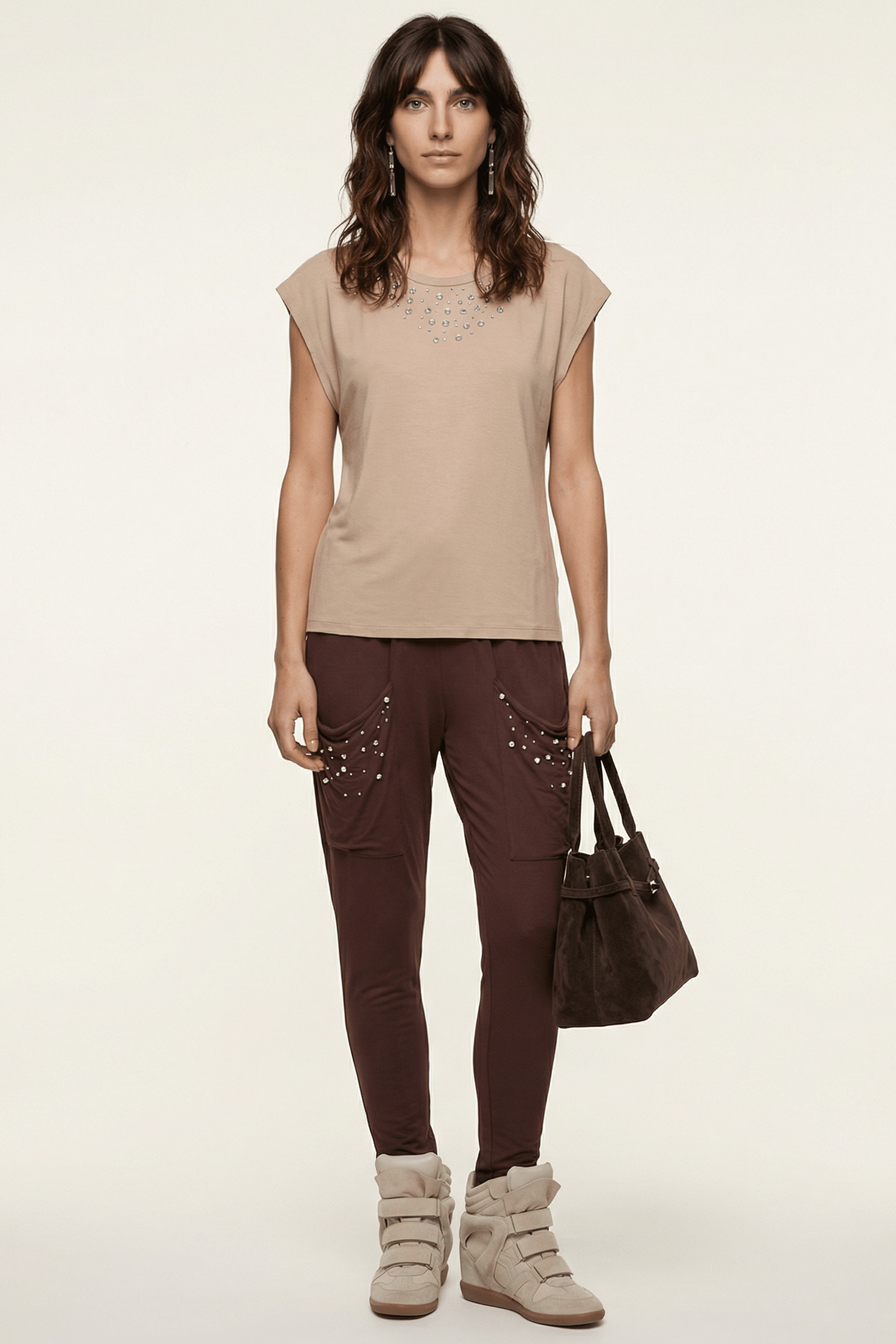 Pantalon marron baggy con strass y bolsillos Lolitas&L - lolitasyl.com