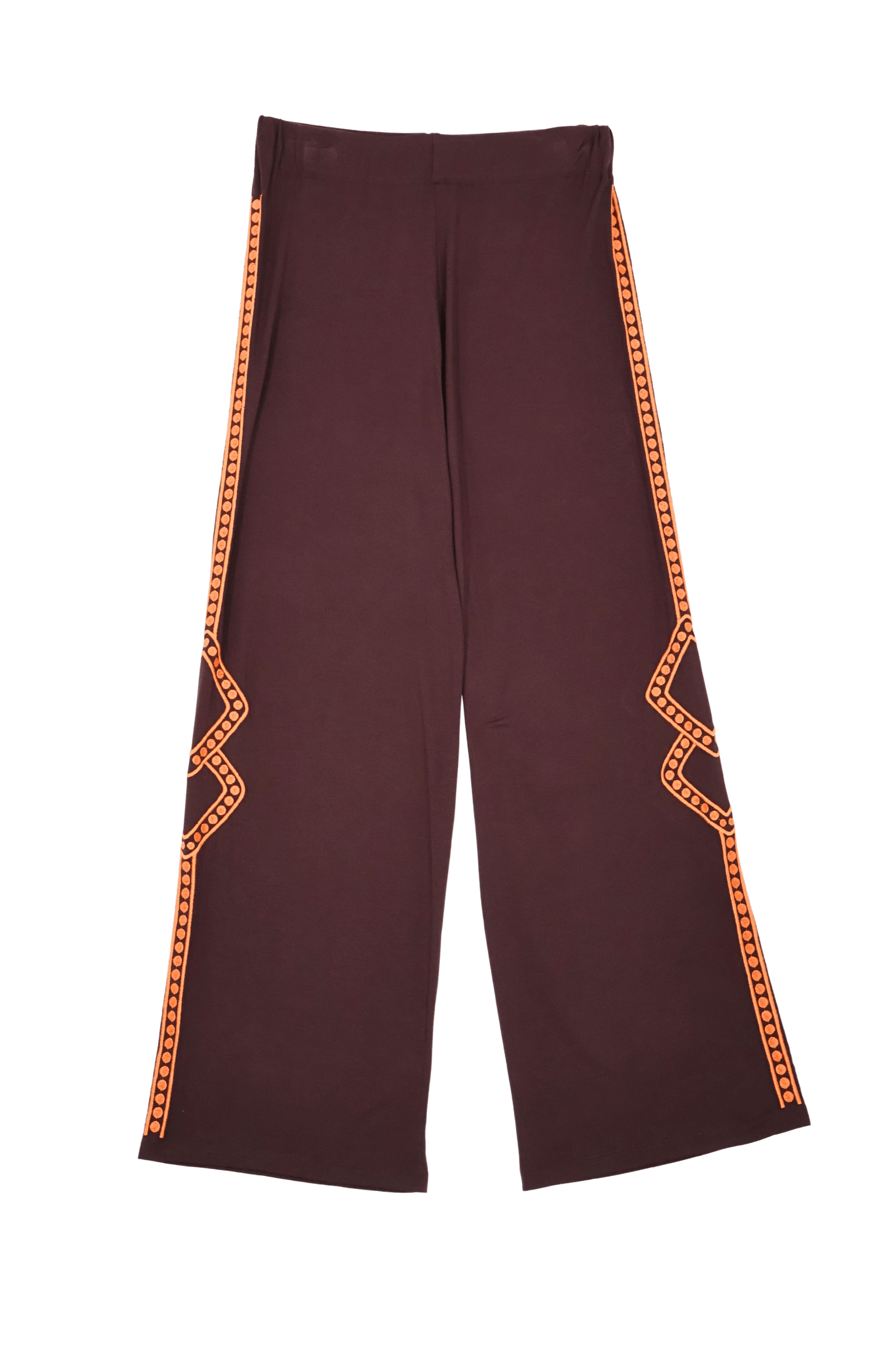 Pantalon marron goma con cenefa naranja bordada Lolitas&L - lolitasyl.com