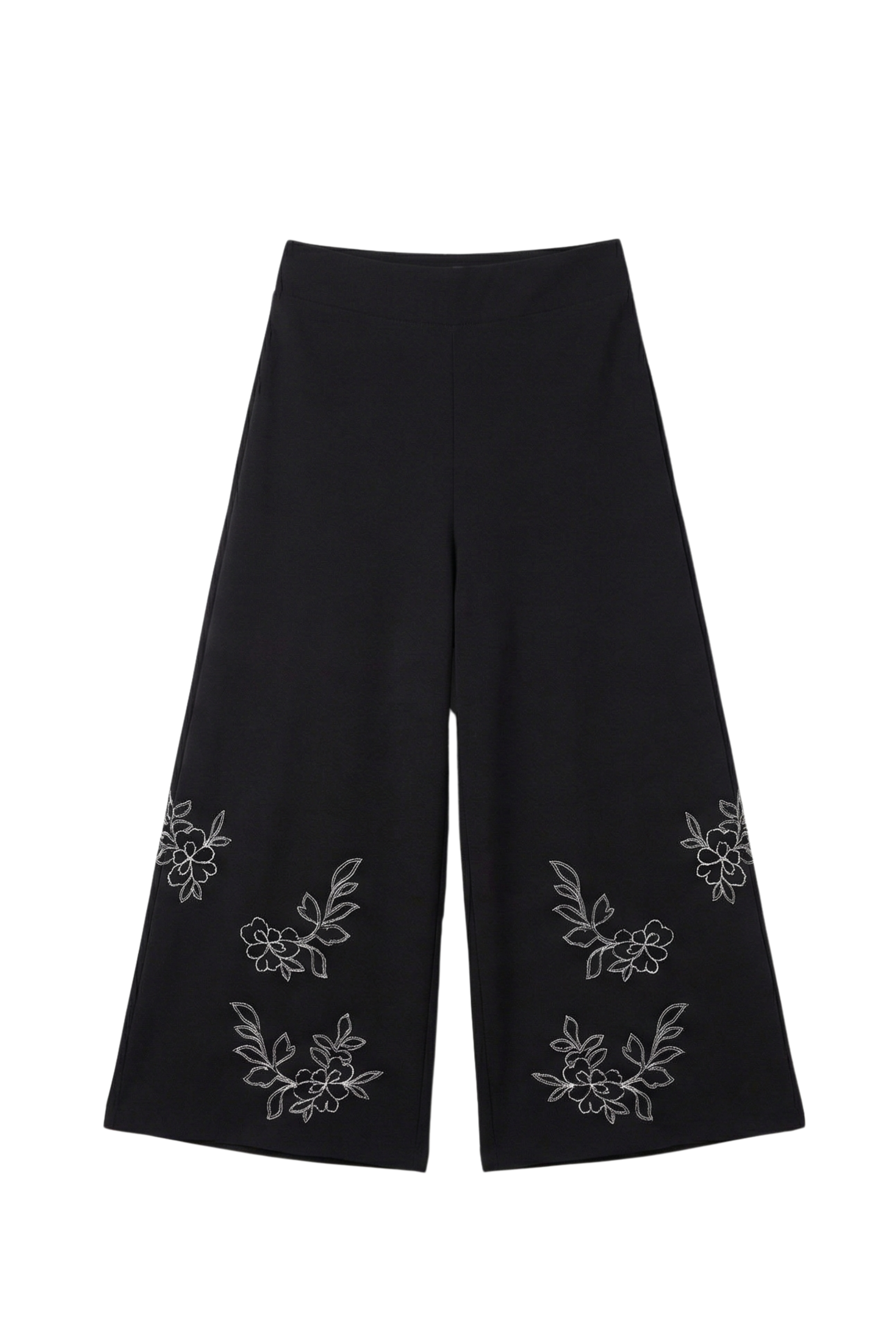 Pantalon negro acampanado con bordado flor en contraste blanco Lolitas&L