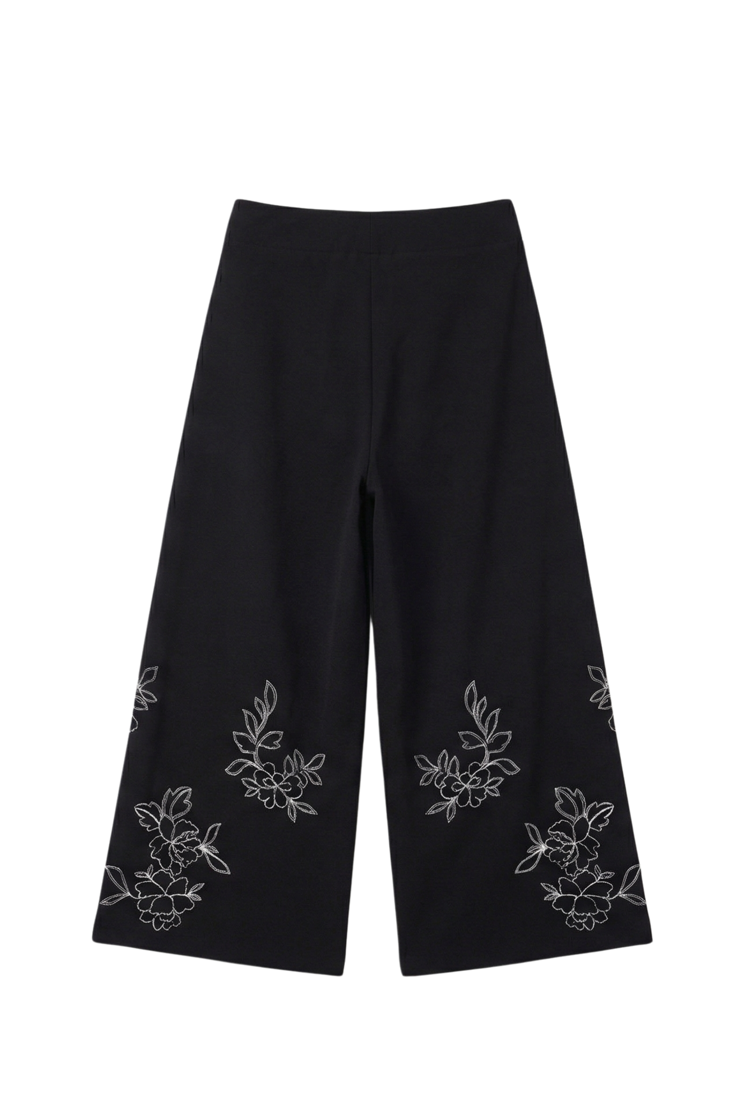 Pantalon negro acampanado con bordado flor en contraste blanco Lolitas&L