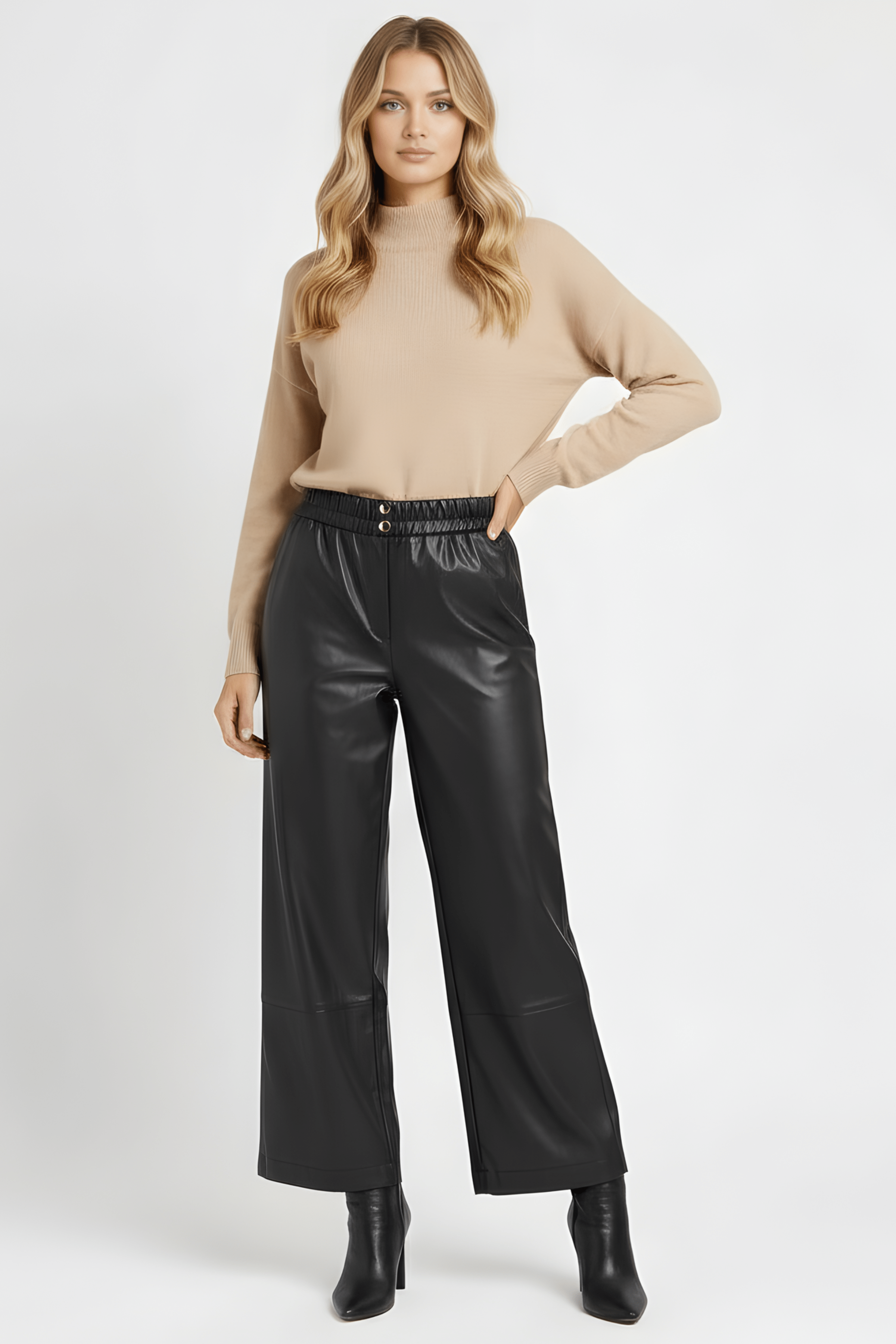 Pantalon negro de polipiel ancho con corte Lolitas&L - lolitasyl.com