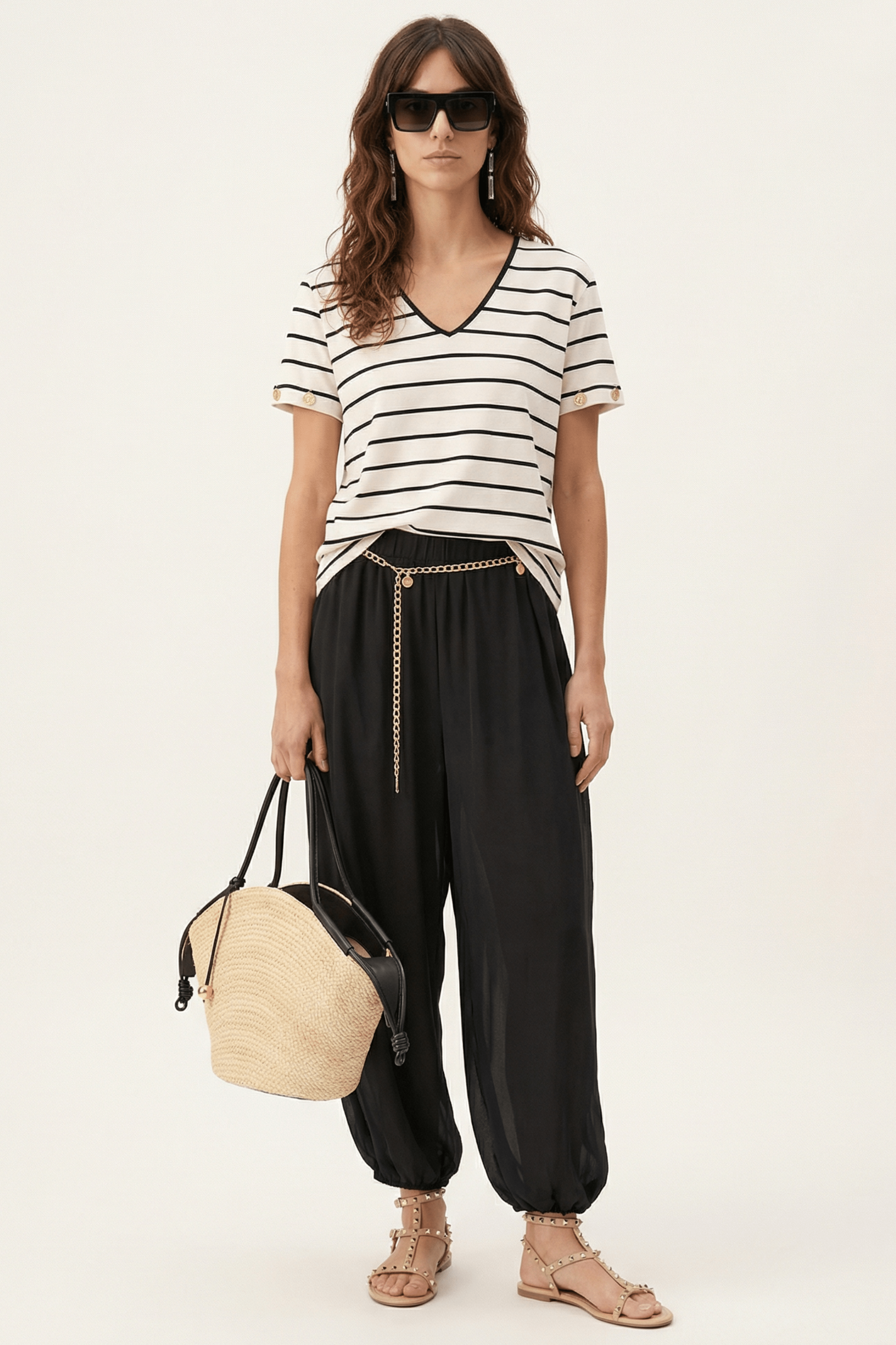 Pantalon negro palazzo con goma en la cintura y cadena Lolitas&L - lolitasyl.com