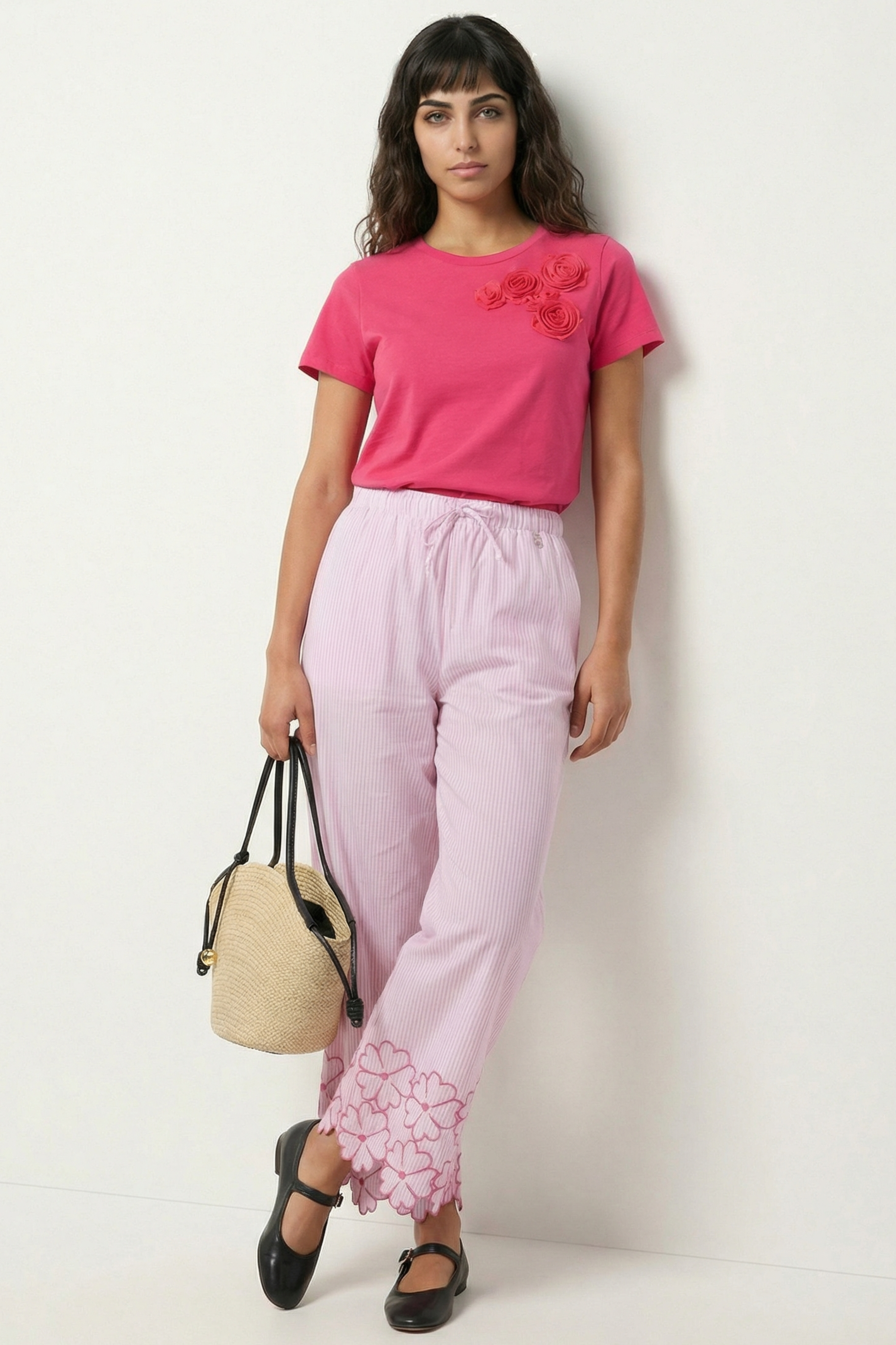 Pantalon rayas rosa detalle bordado flores con goma Lolitas&L