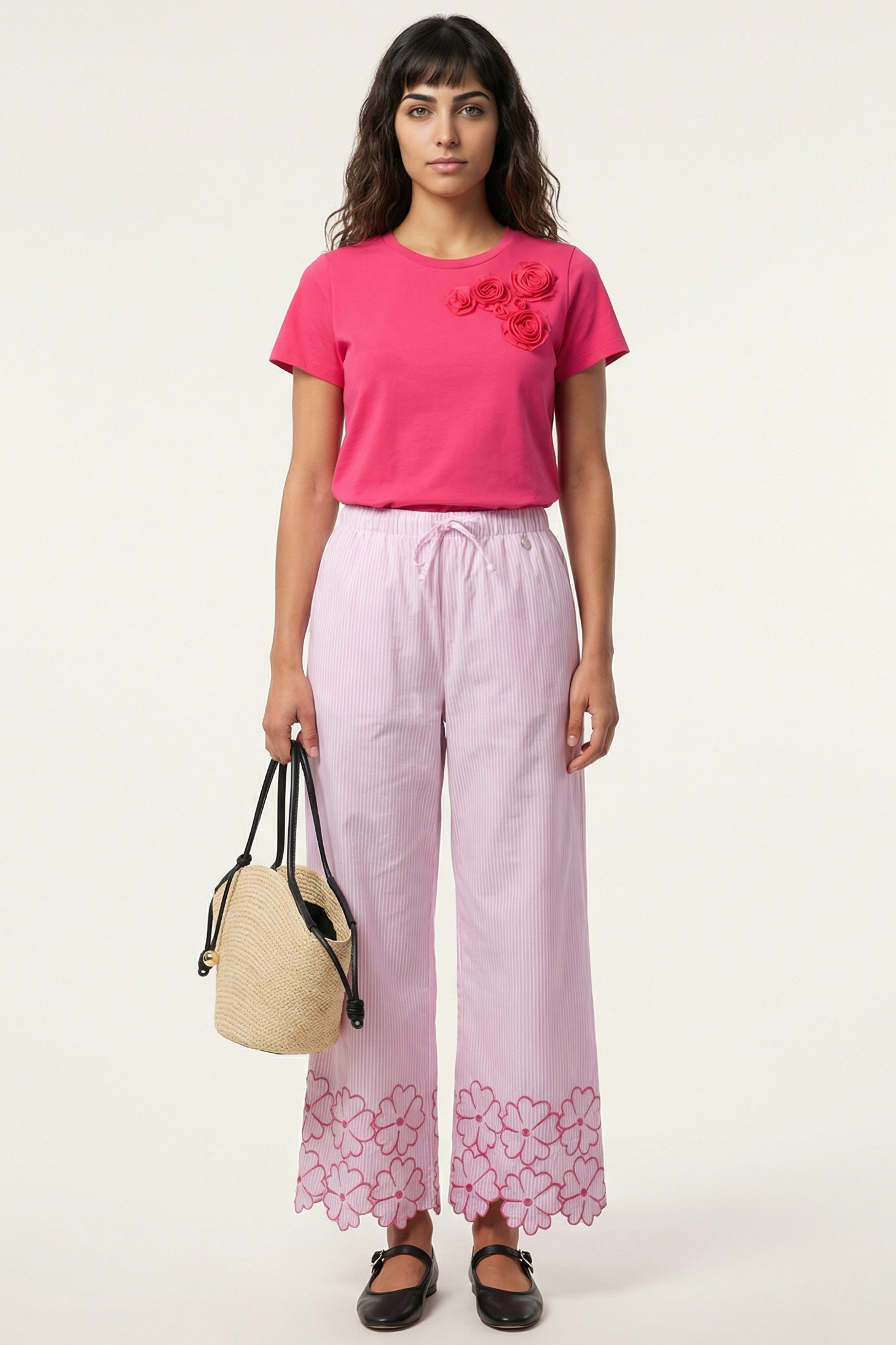 Pantalon rayas rosa detalle bordado flores con goma Lolitas&L