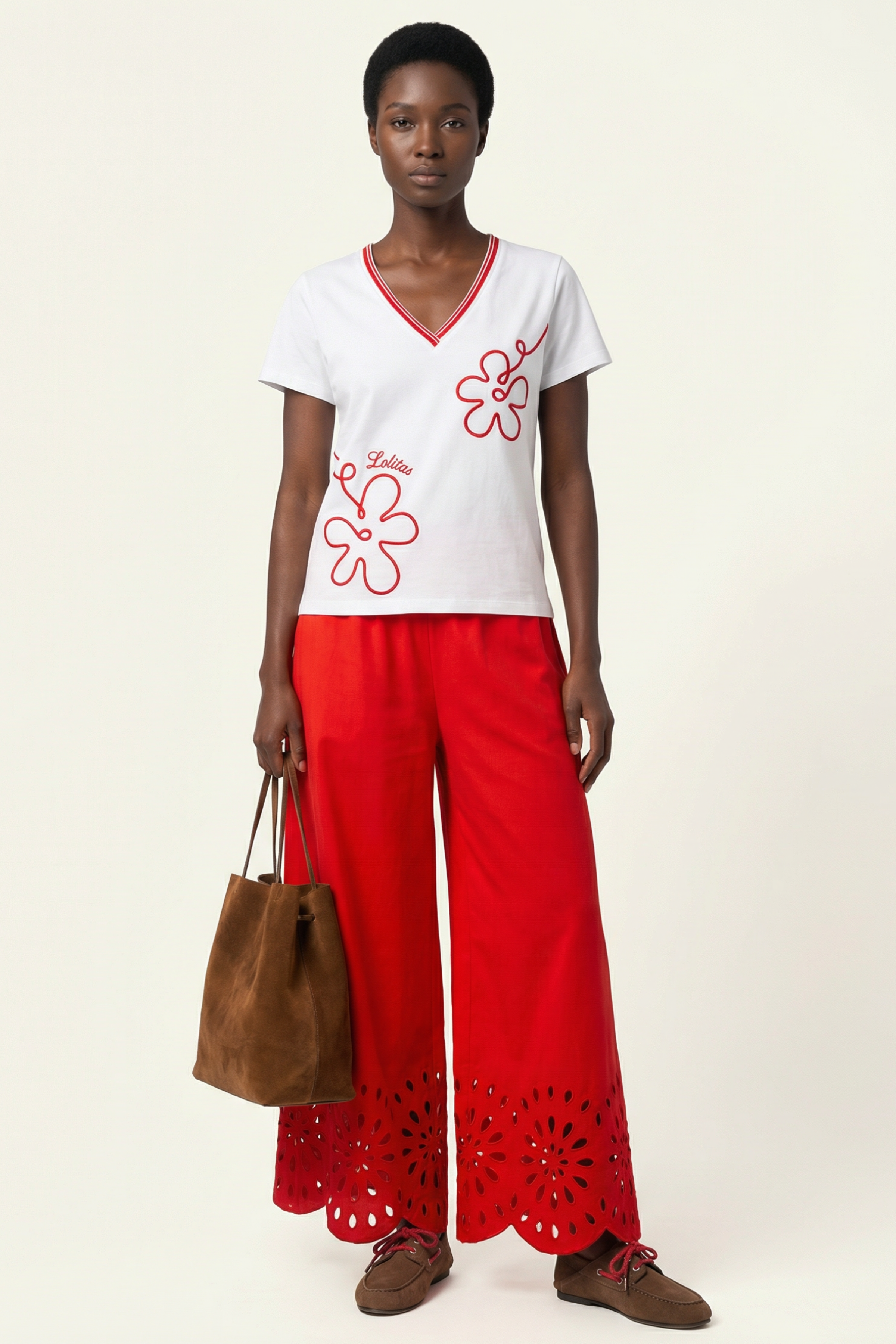 Pantalon rojo campana con bordado calado Lolitas&L