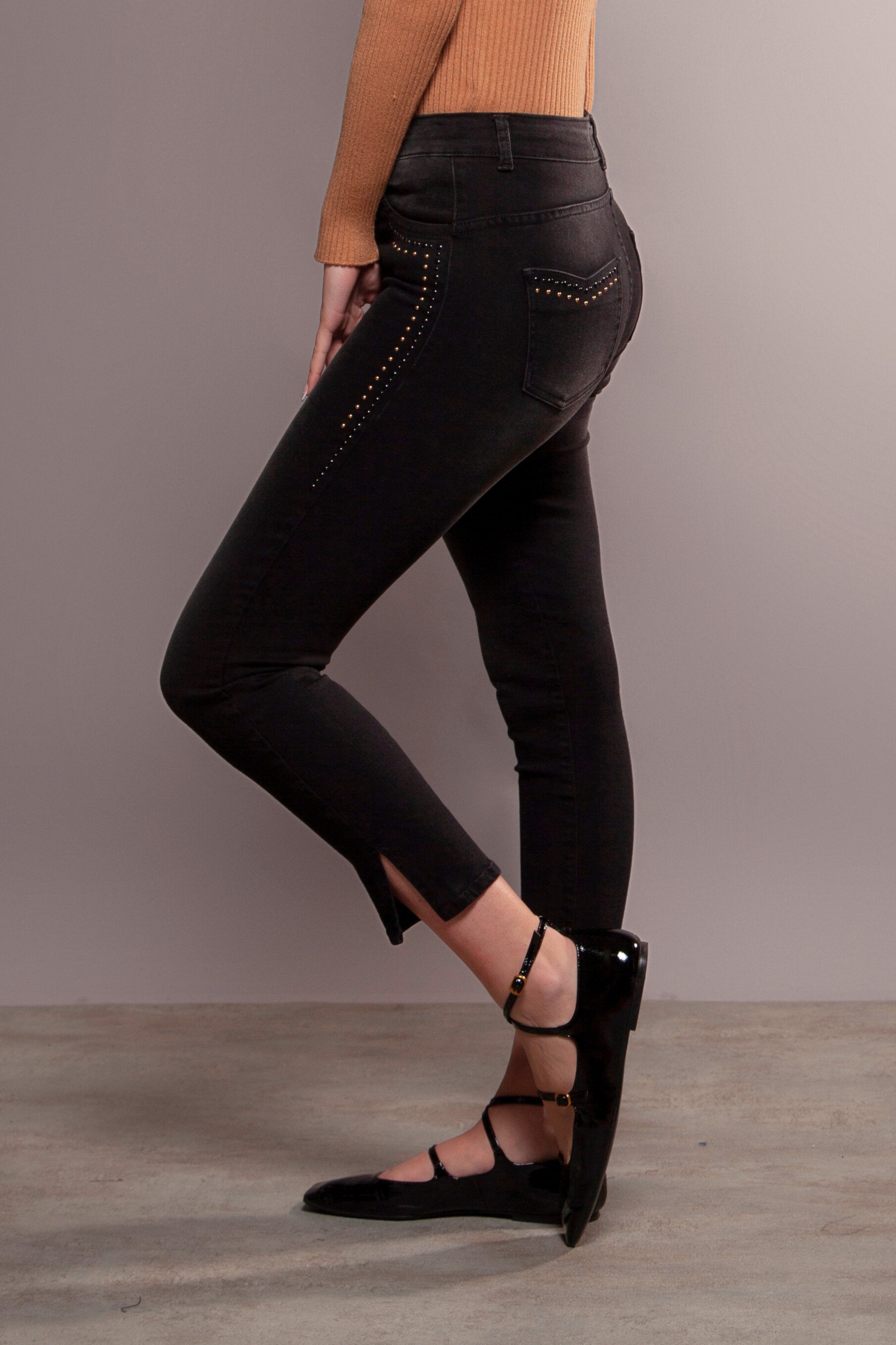 Pantalon vaquero negro pitillo con strass Lolitas&L - lolitasyl.com