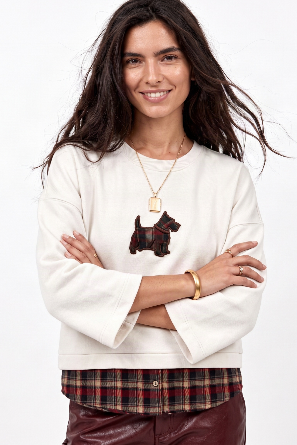 Sudadera Color Crema en Felpa con Detalle Camisa Tartán y Bordado – Lolitas&L