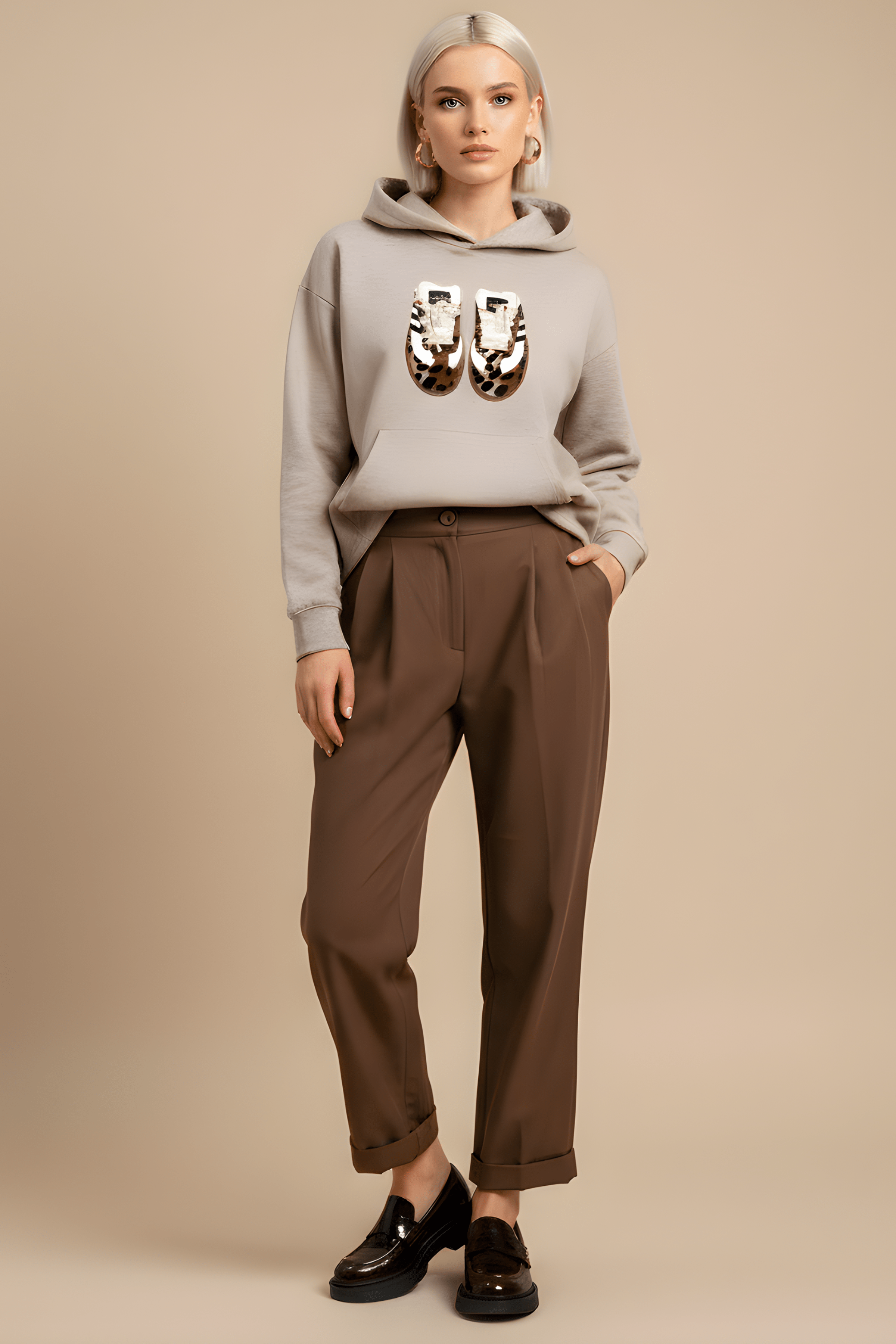 Sudadera de punto beig bordado zapatillas con capucha Lolitas&L - lolitasyl.com