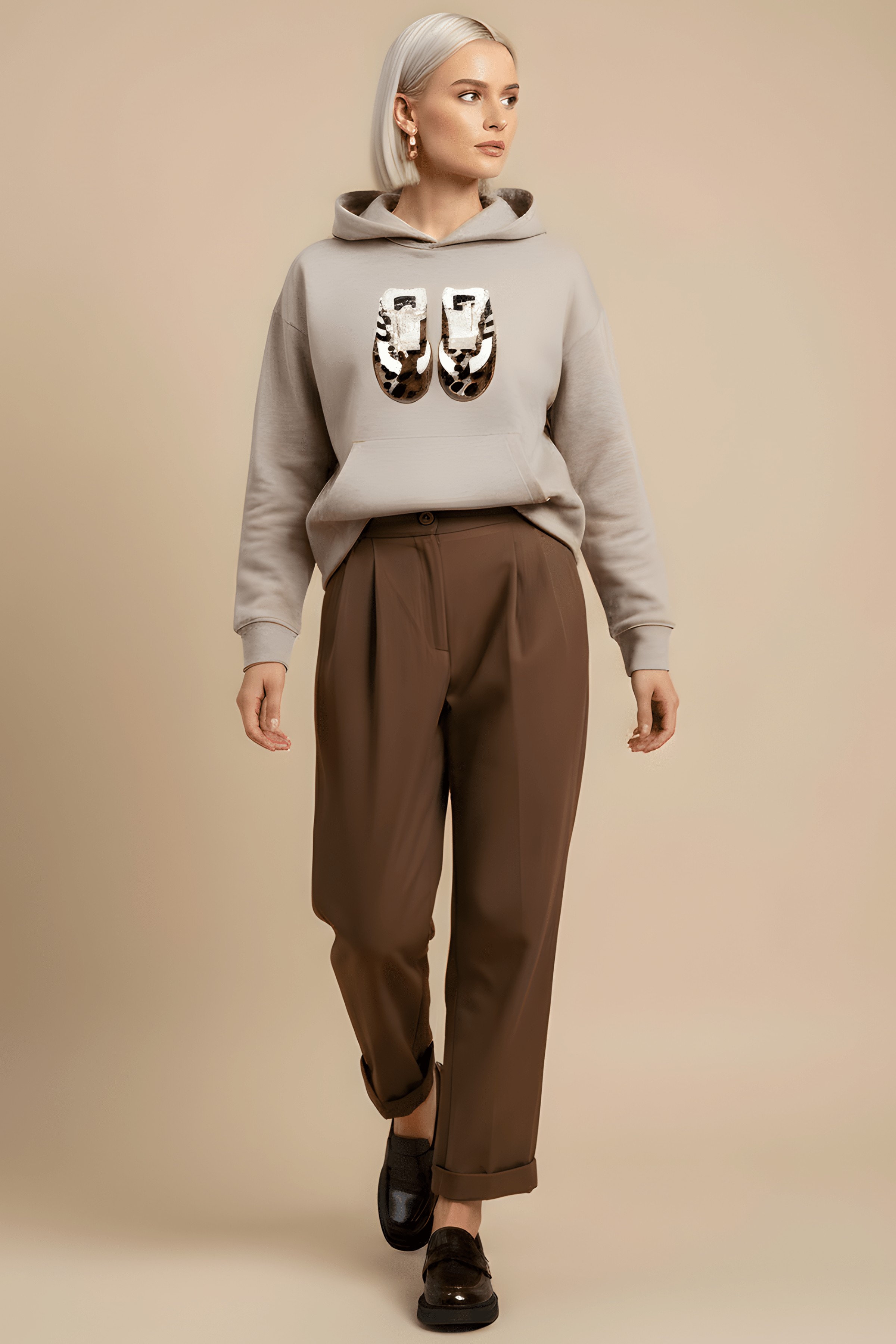 Sudadera de punto beig bordado zapatillas con capucha Lolitas&L - lolitasyl.com