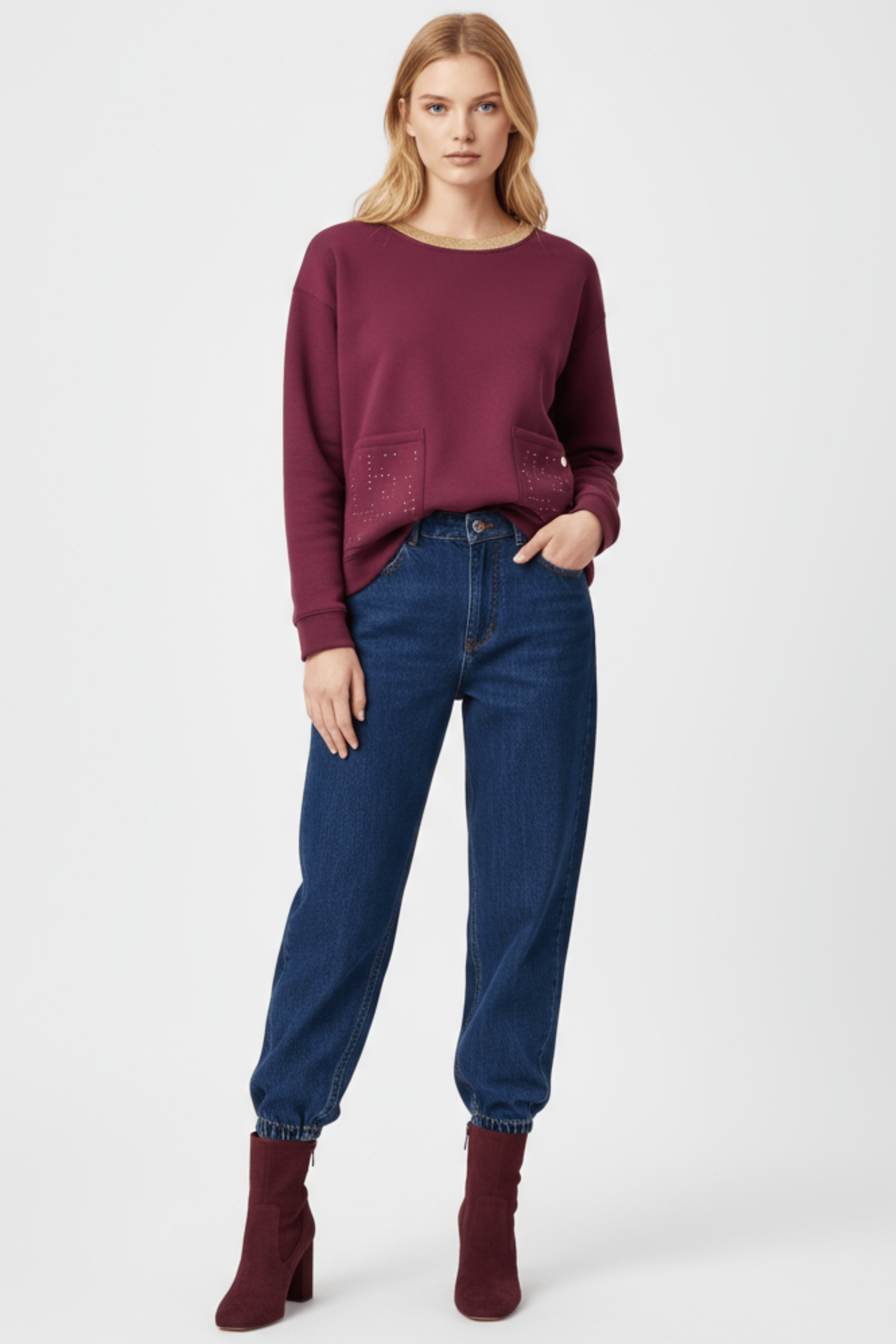 Sudadera granate con bolsillos strass y cuello lourex Lolitas&L - lolitasyl.com