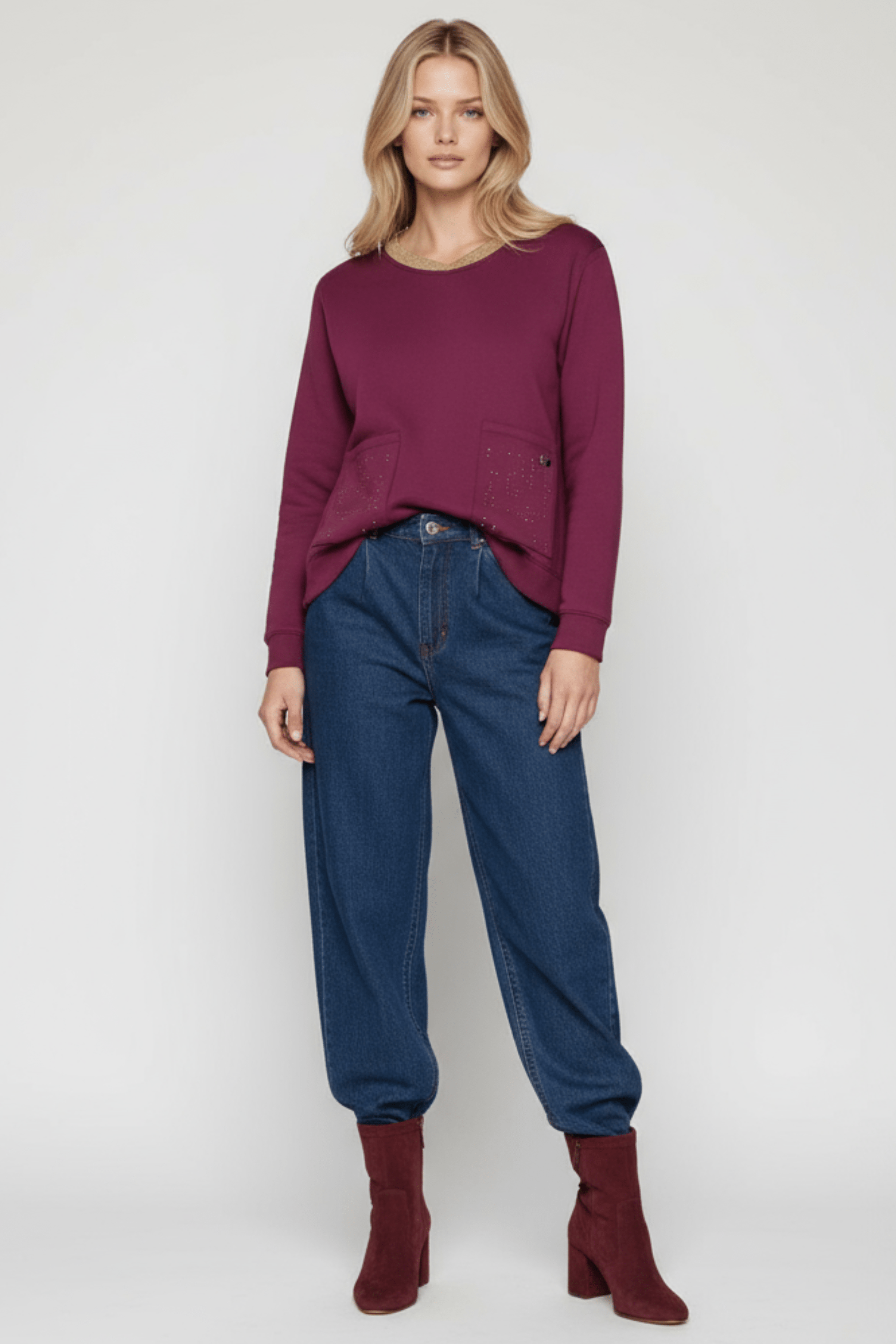 Sudadera granate con bolsillos strass y cuello lourex Lolitas&L - lolitasyl.com