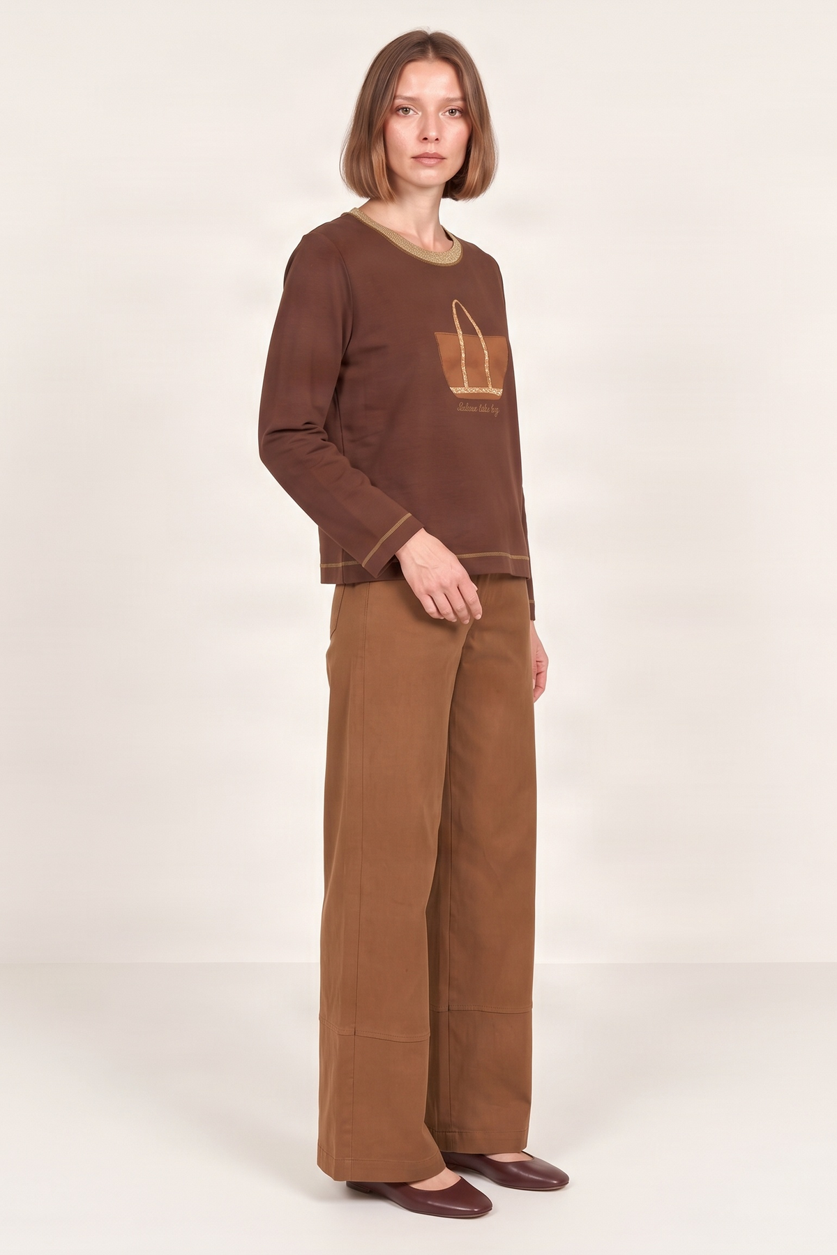Sudadera marron bordado bolsito antelina manga larga Lolitas&L