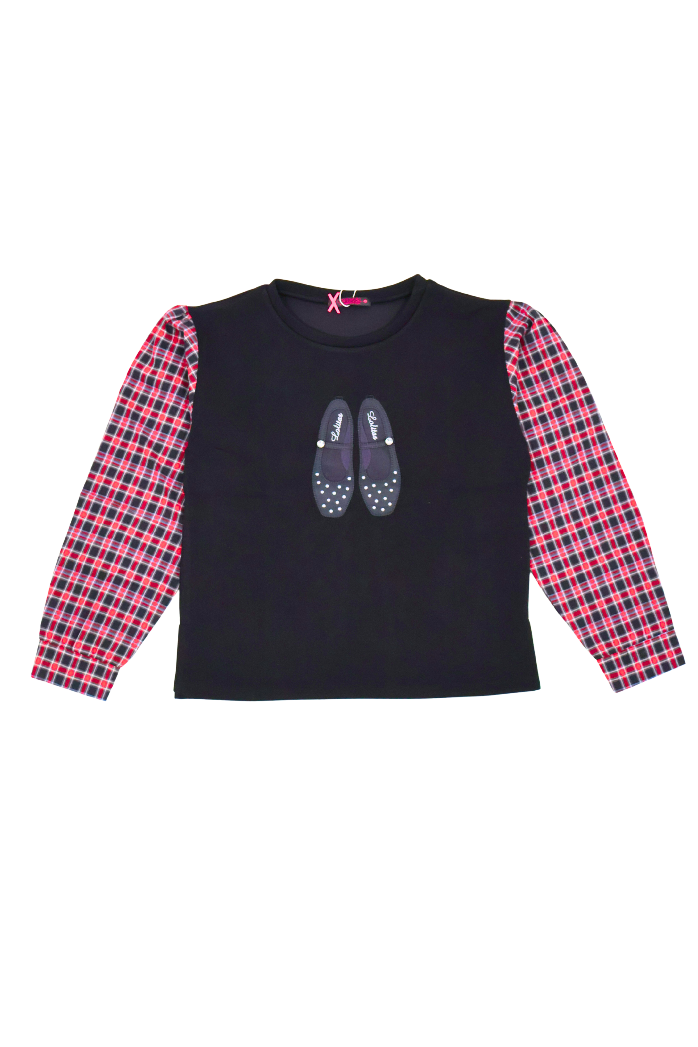 Sudadera negra con bordado zapatillas y manga larga cuadros Lolitas&L
