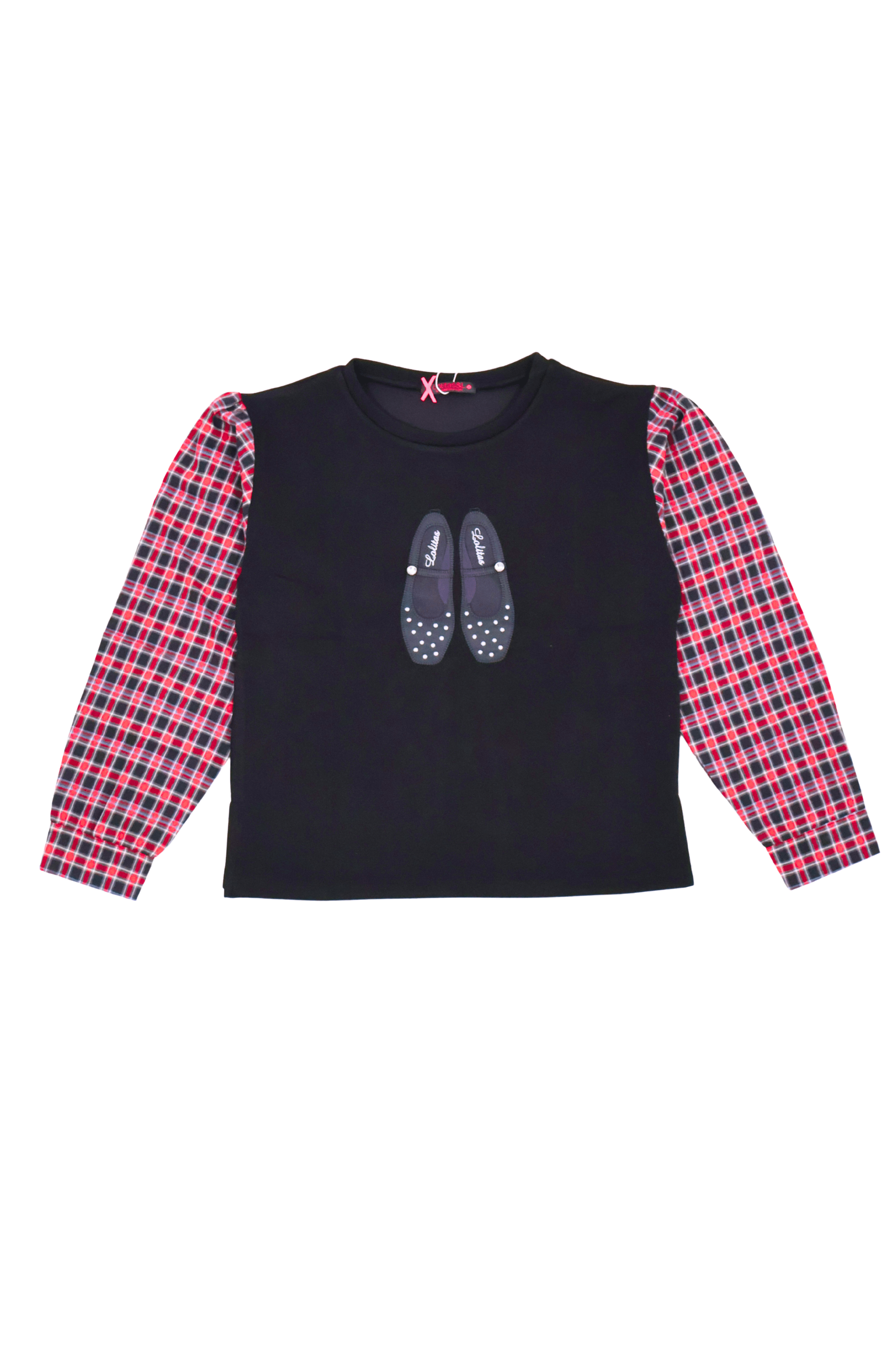 Sudadera negra con bordado zapatillas y manga larga cuadros Lolitas&L - lolitasyl.com