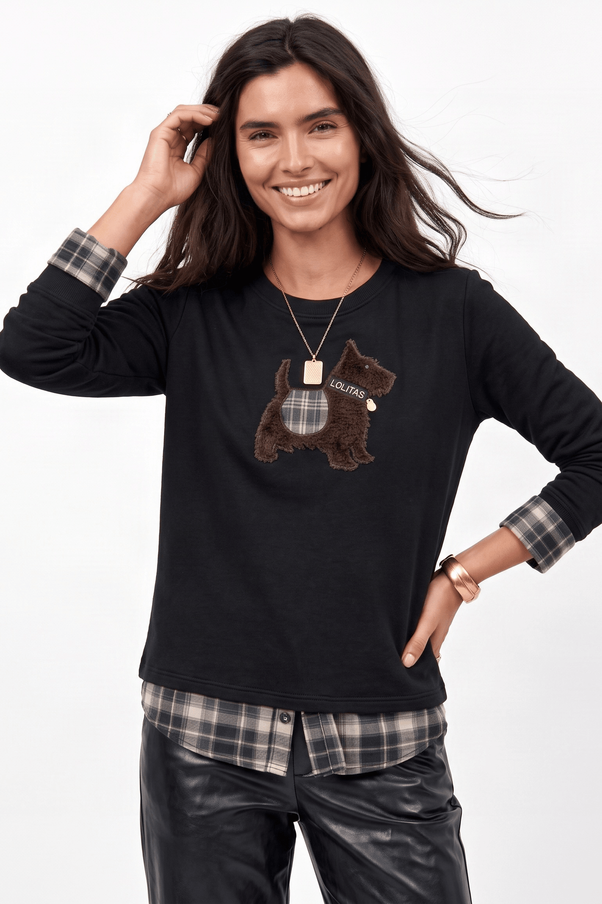 Sudadera Negra en Felpa de Algodón con Efecto Camisa Cuadros y Bordado – Lolitas&L - lolitasyl.com