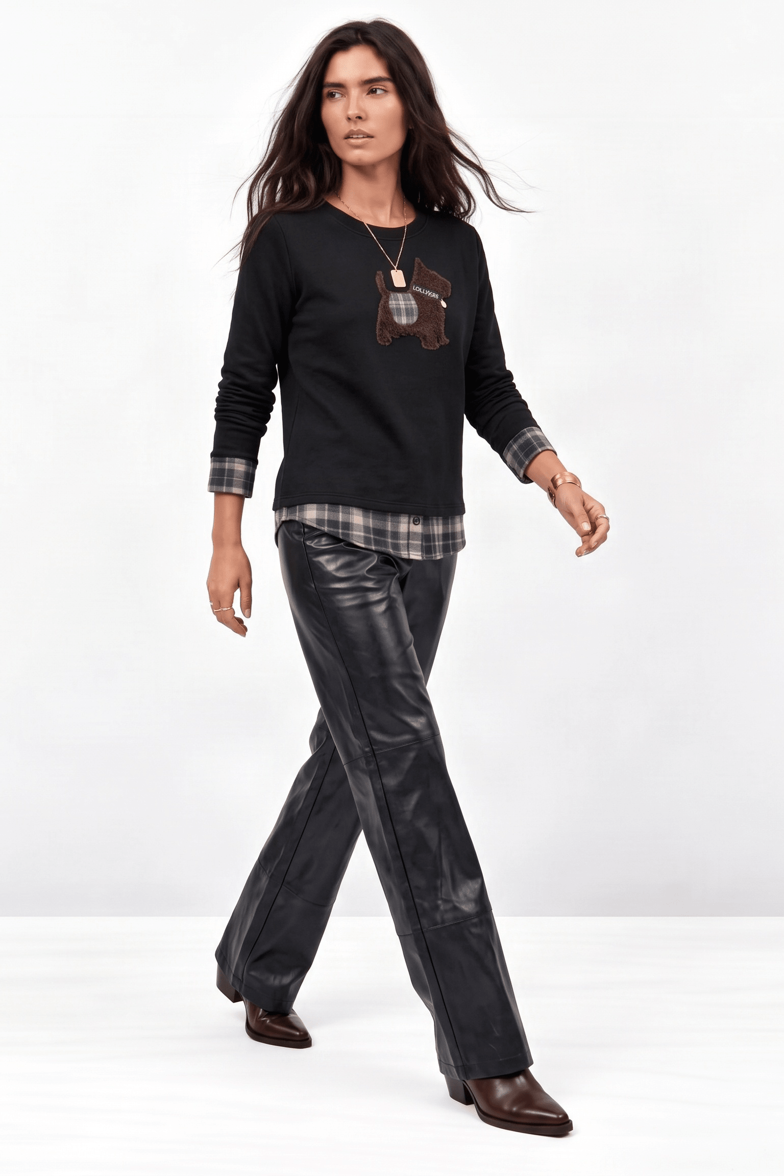 Sudadera Negra en Felpa de Algodón con Efecto Camisa Cuadros y Bordado – Lolitas&L - lolitasyl.com