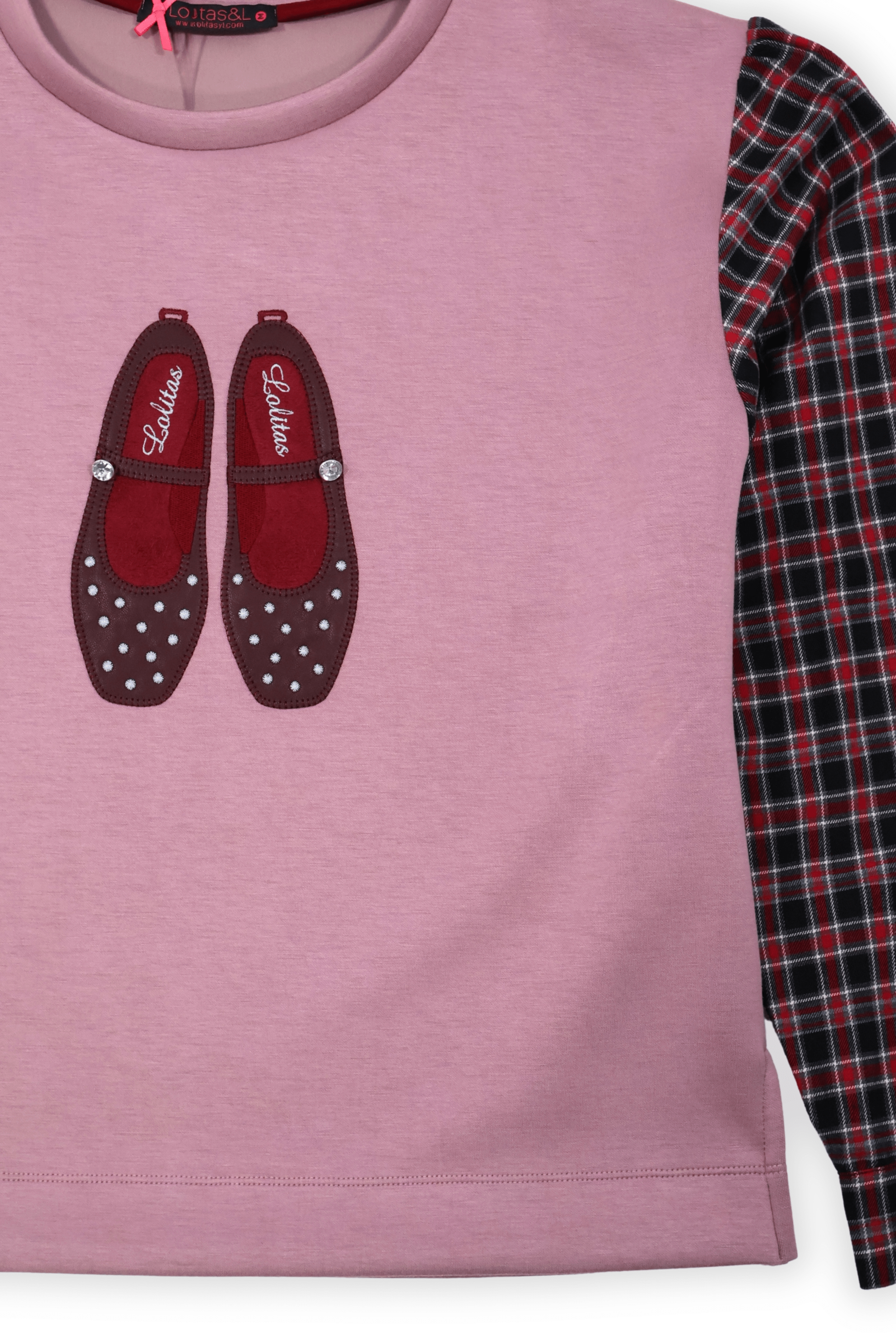Sudadera rosa con bordado zapatillas y manga larga cuadros Lolitas&L - lolitasyl.com