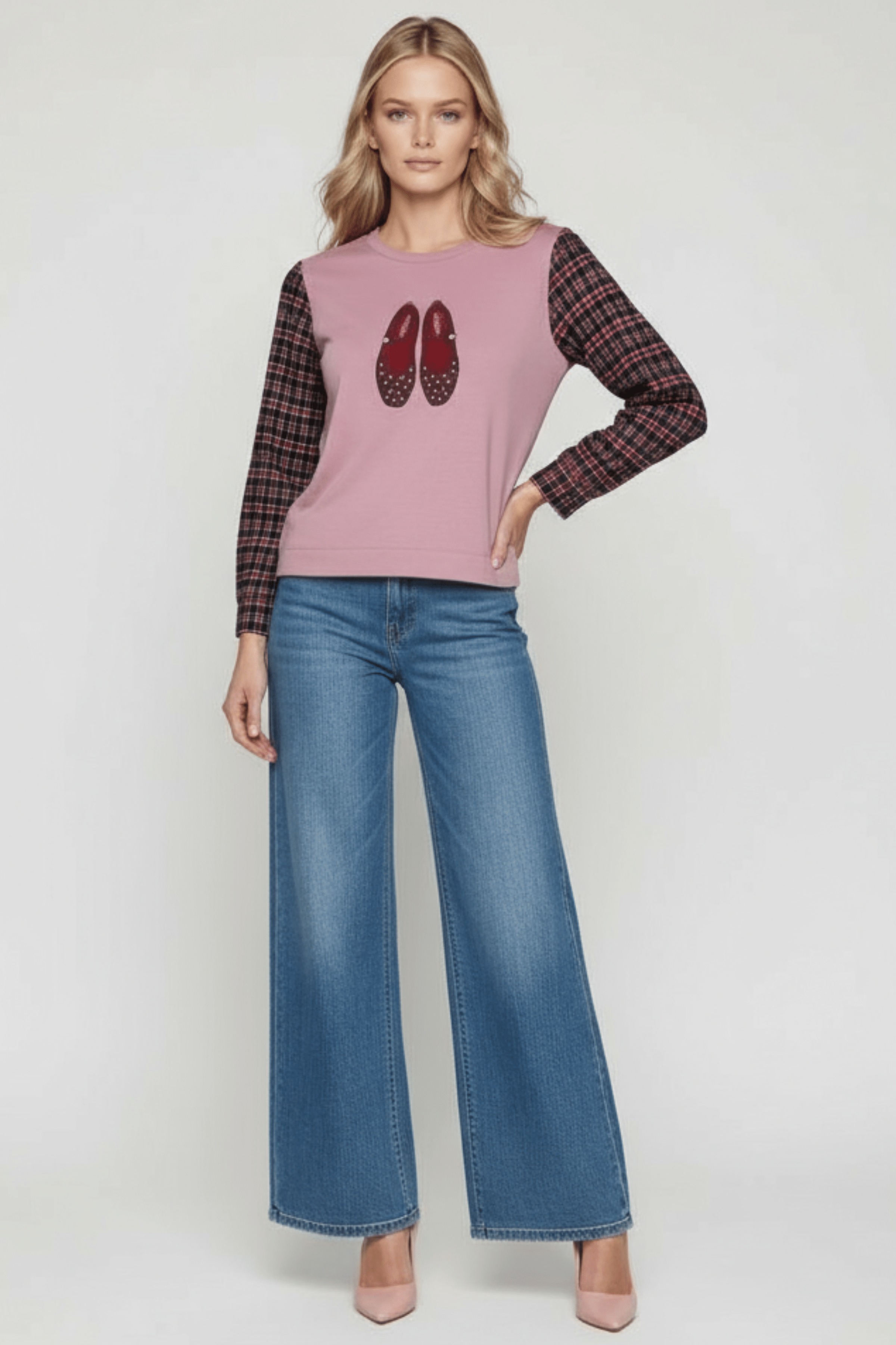 Sudadera rosa con bordado zapatillas y manga larga cuadros Lolitas&L - lolitasyl.com