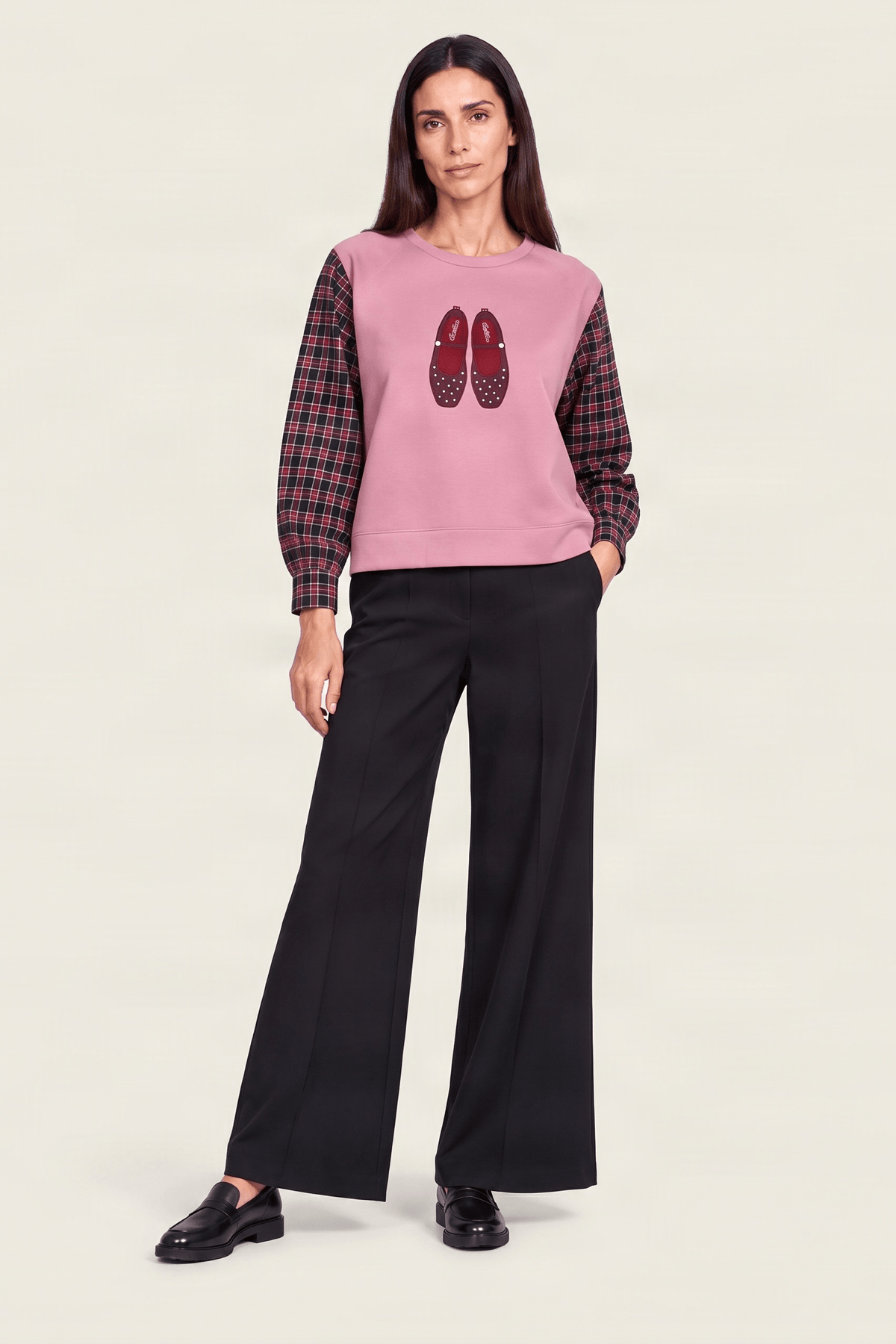 Sudadera rosa con bordado zapatillas y manga larga cuadros Lolitas&L - lolitasyl.com