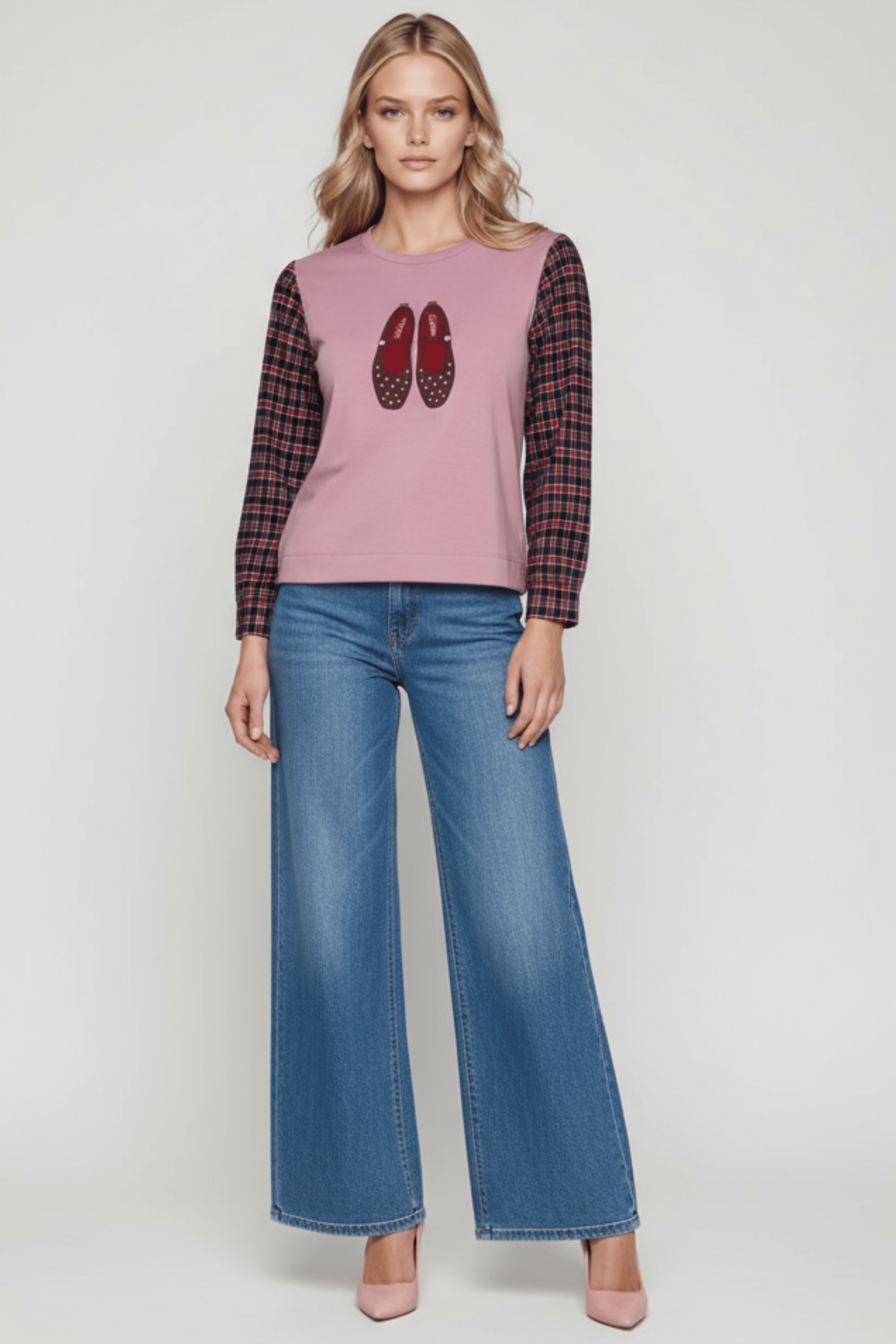 Sudadera rosa con bordado zapatillas y manga larga cuadros Lolitas&L - lolitasyl.com