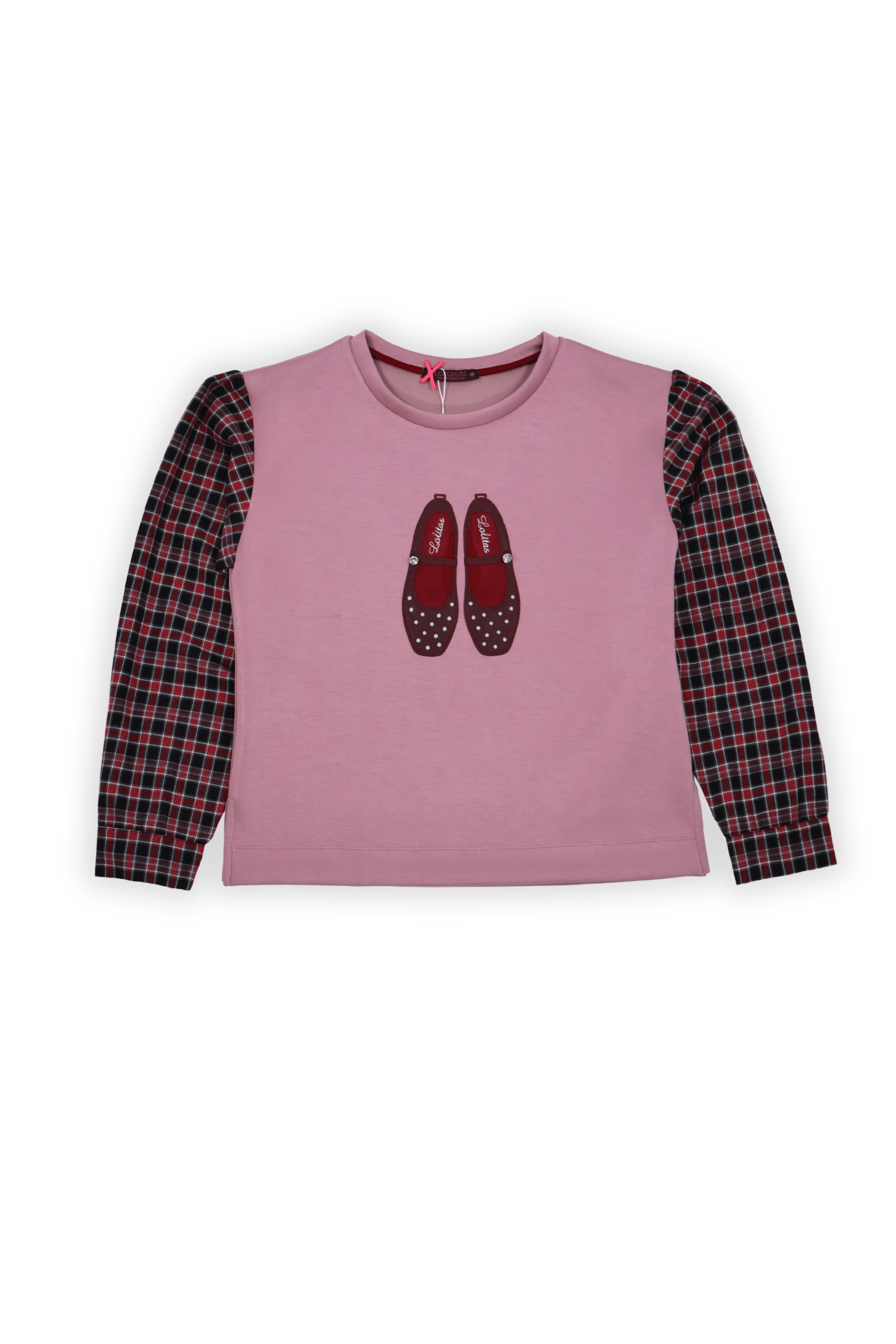 Sudadera rosa con bordado zapatillas y manga larga cuadros Lolitas&L - lolitasyl.com