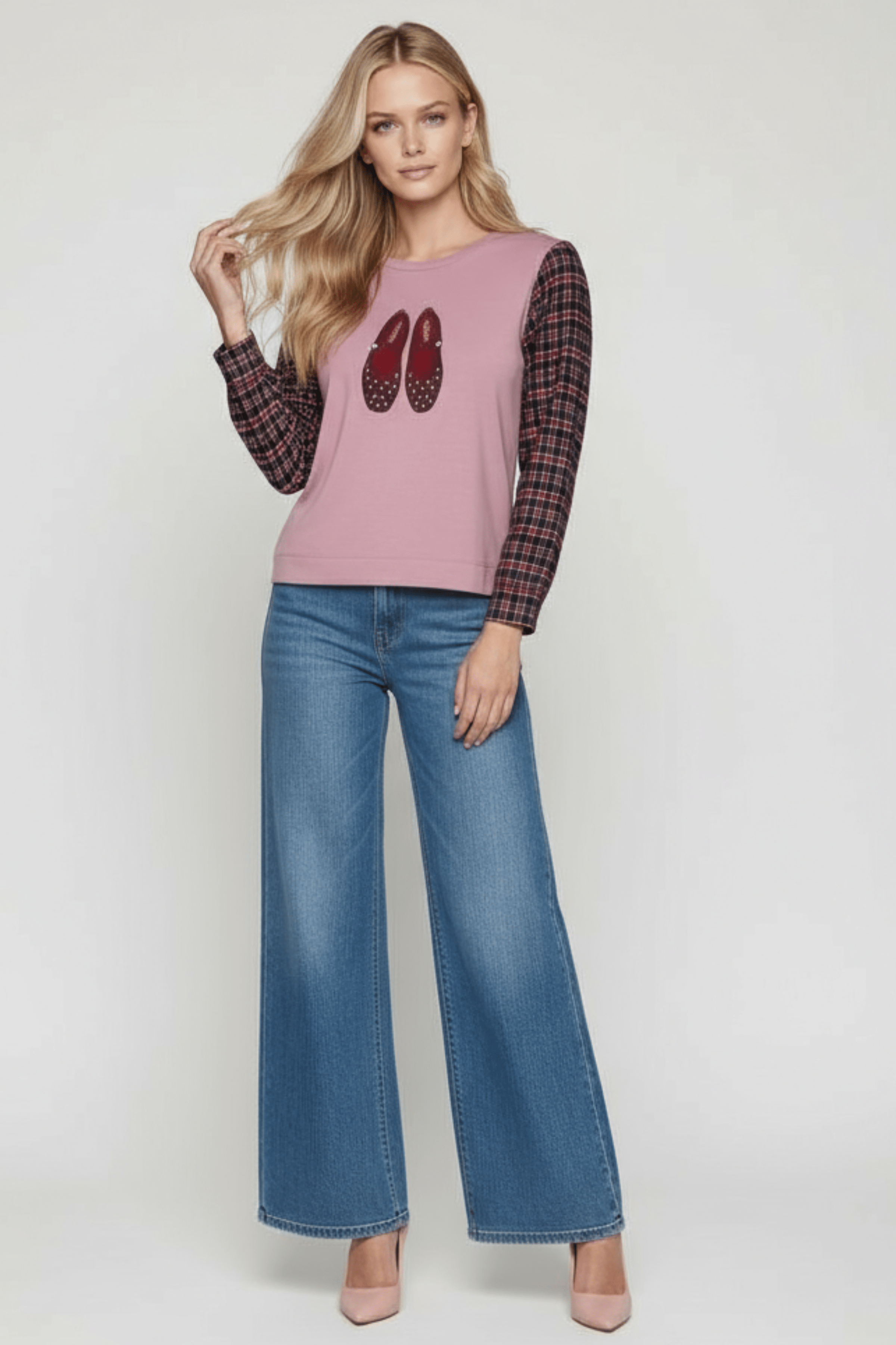 Sudadera rosa con bordado zapatillas y manga larga cuadros Lolitas&L - lolitasyl.com