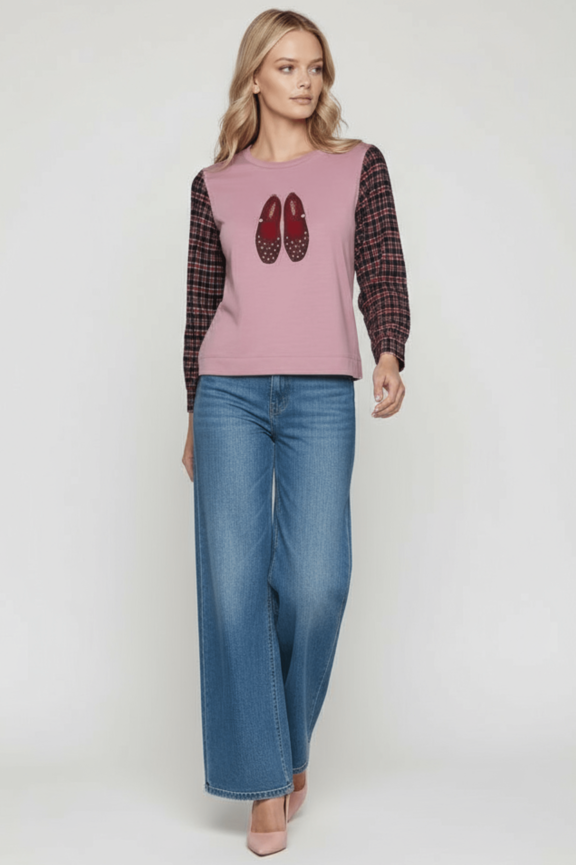 Sudadera rosa con bordado zapatillas y manga larga cuadros Lolitas&L - lolitasyl.com