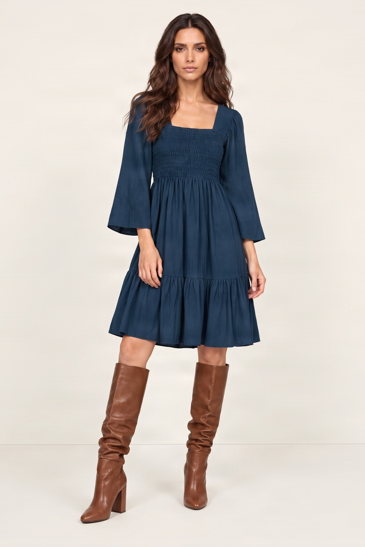 Vestido azul petroleo con nido de abeja en el pecho Lolitas&L