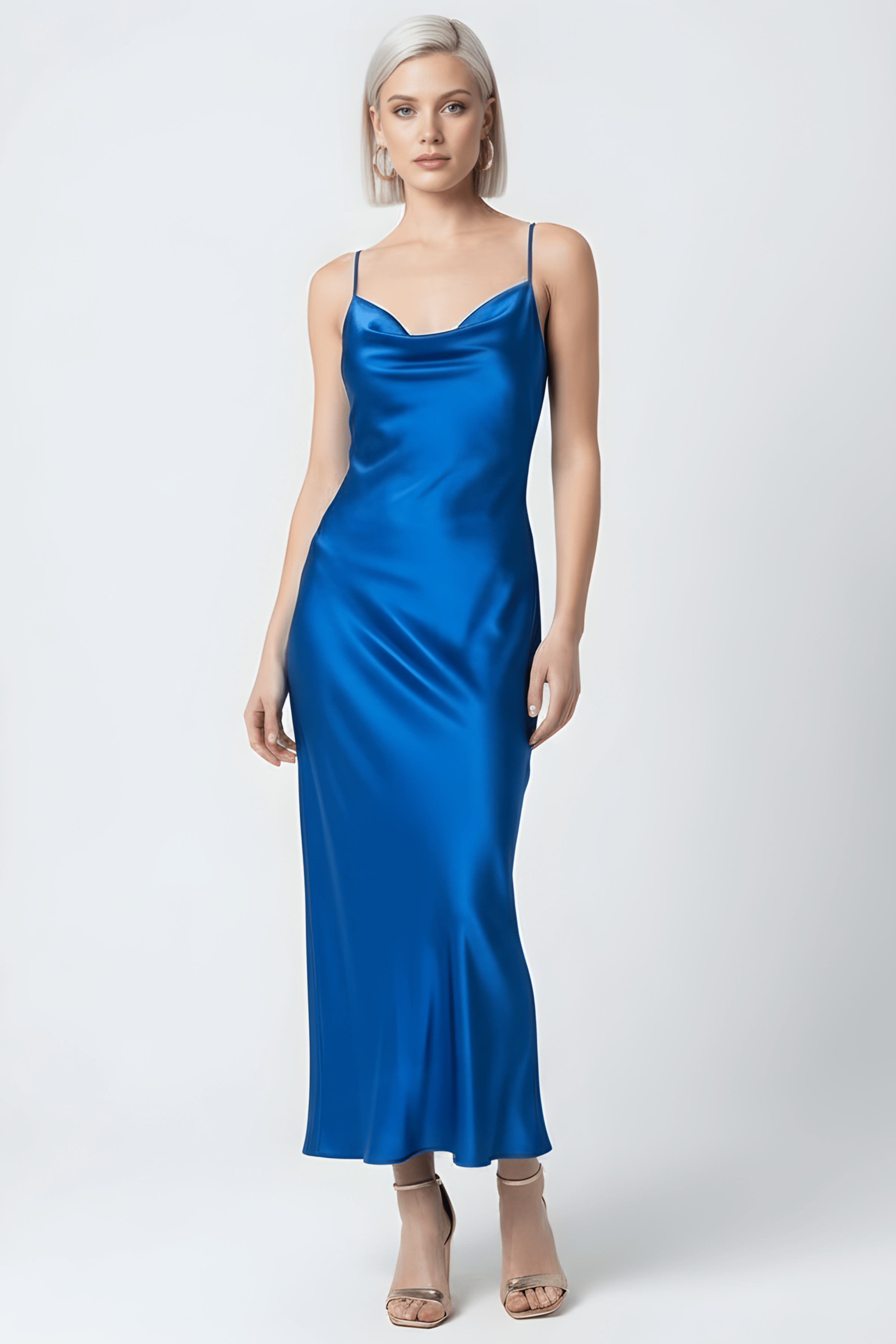 Vestido azul royal raso largo tirantes con escote fruncido LolitasyL - lolitasyl.com