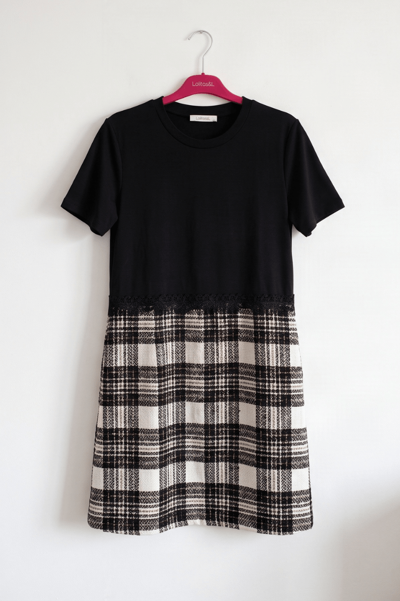 Vestido Combinado de Punto Negro y Falda de Cuadros Preloved - lolitasyl.com
