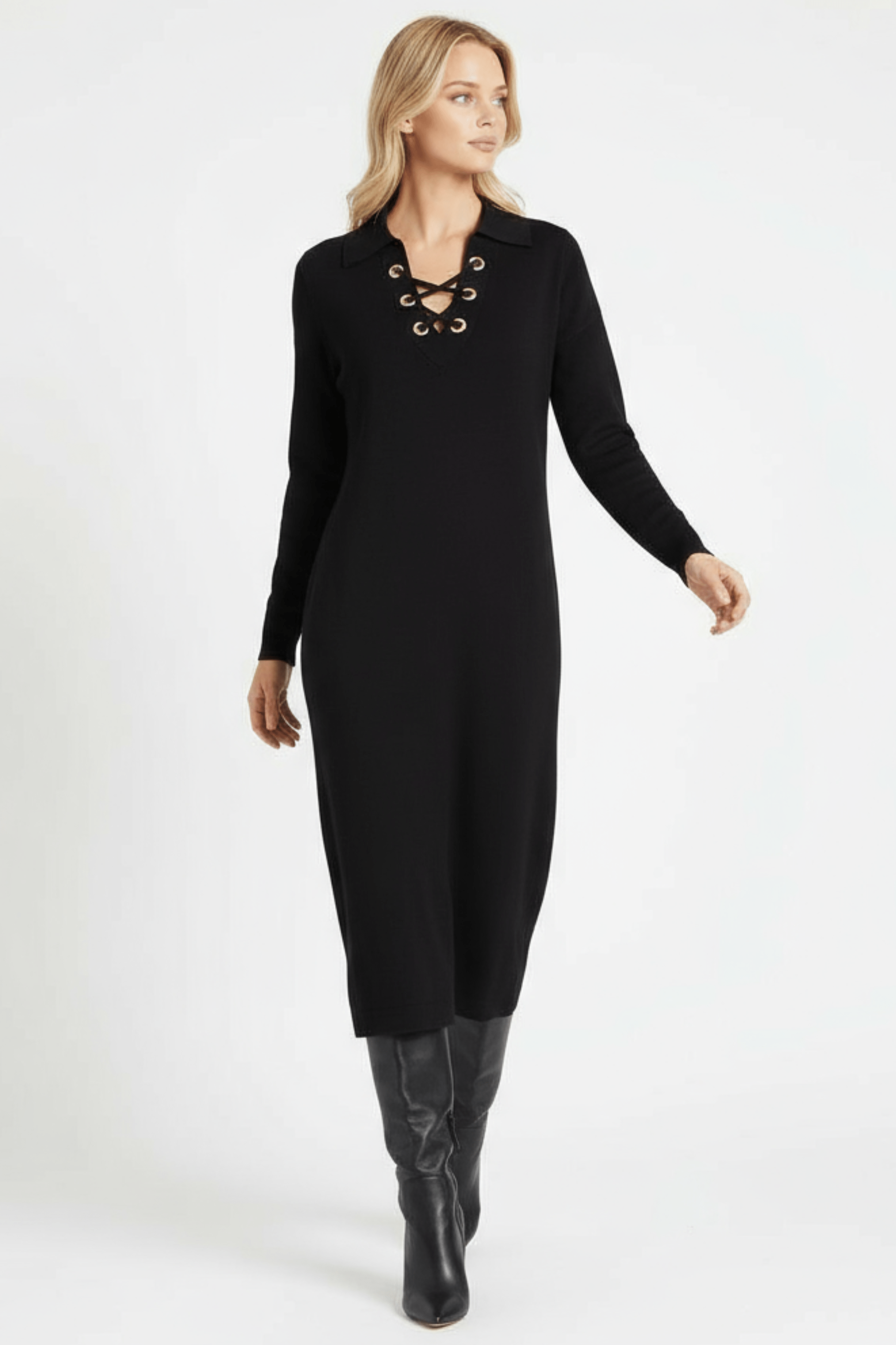 Vestido de punto negro largo escote camisero Lolitas&L - lolitasyl.com