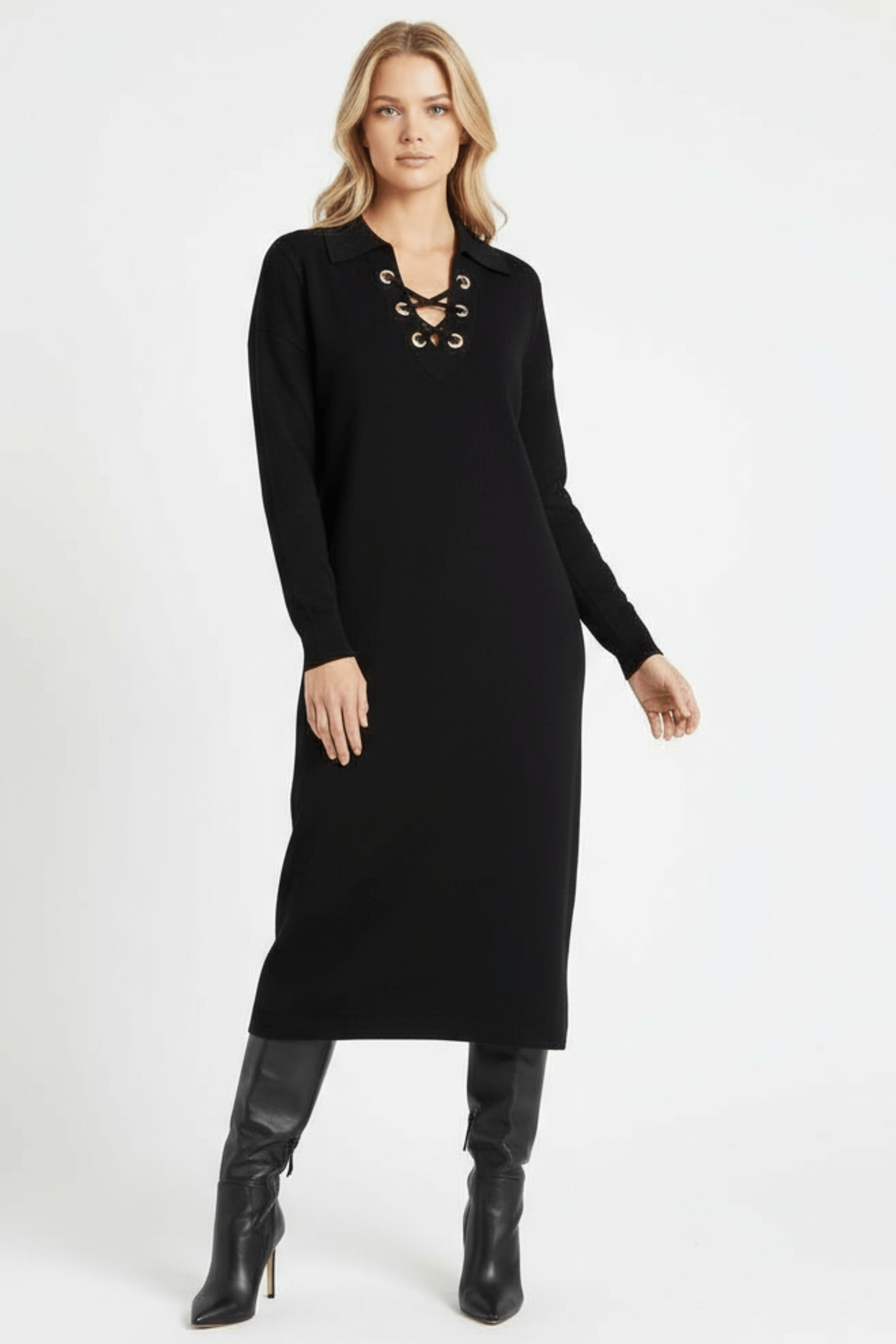 Vestido de punto negro largo escote camisero Lolitas&L - lolitasyl.com