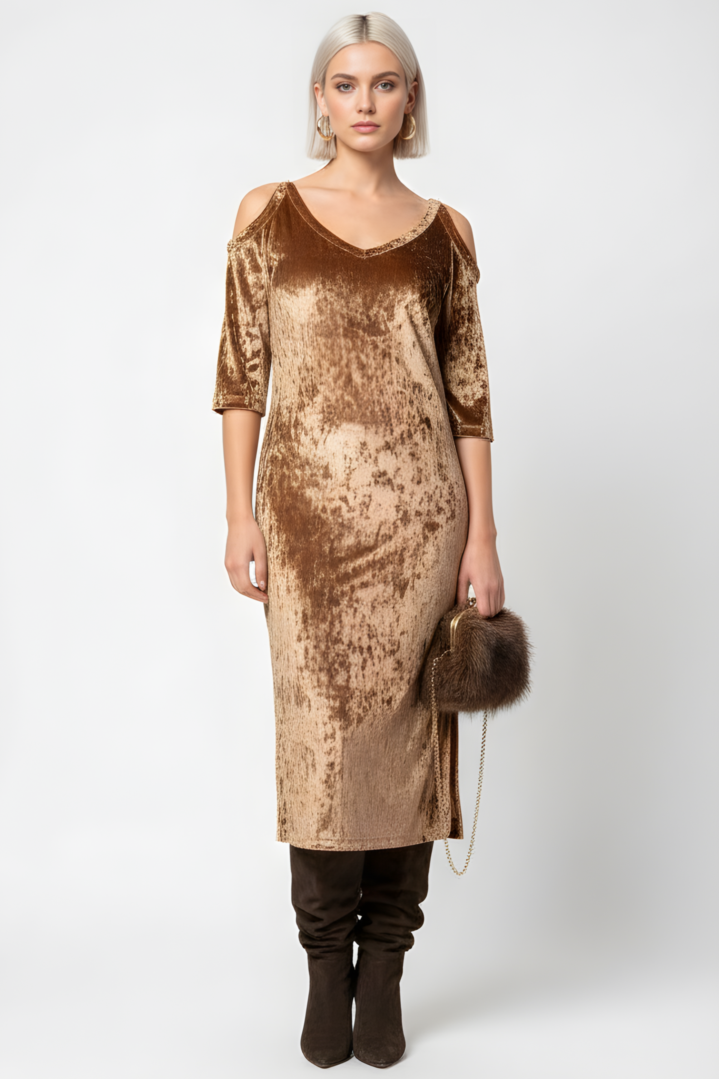 Vestido gold largo terciopelo hombro descubierto LolitasyL