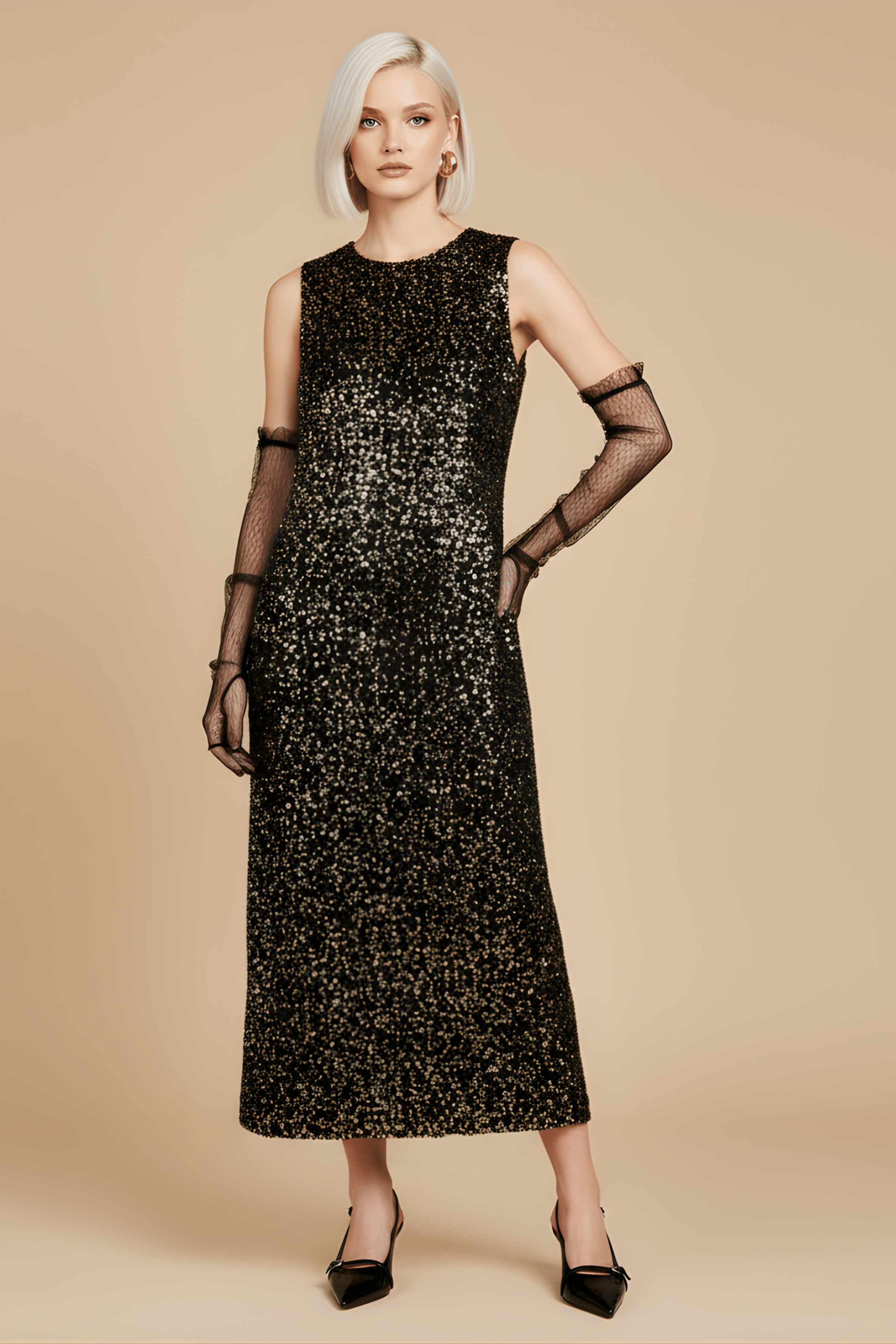 Vestido lentejuelas ocre midi sin mangas Lolitas&L - lolitasyl.com