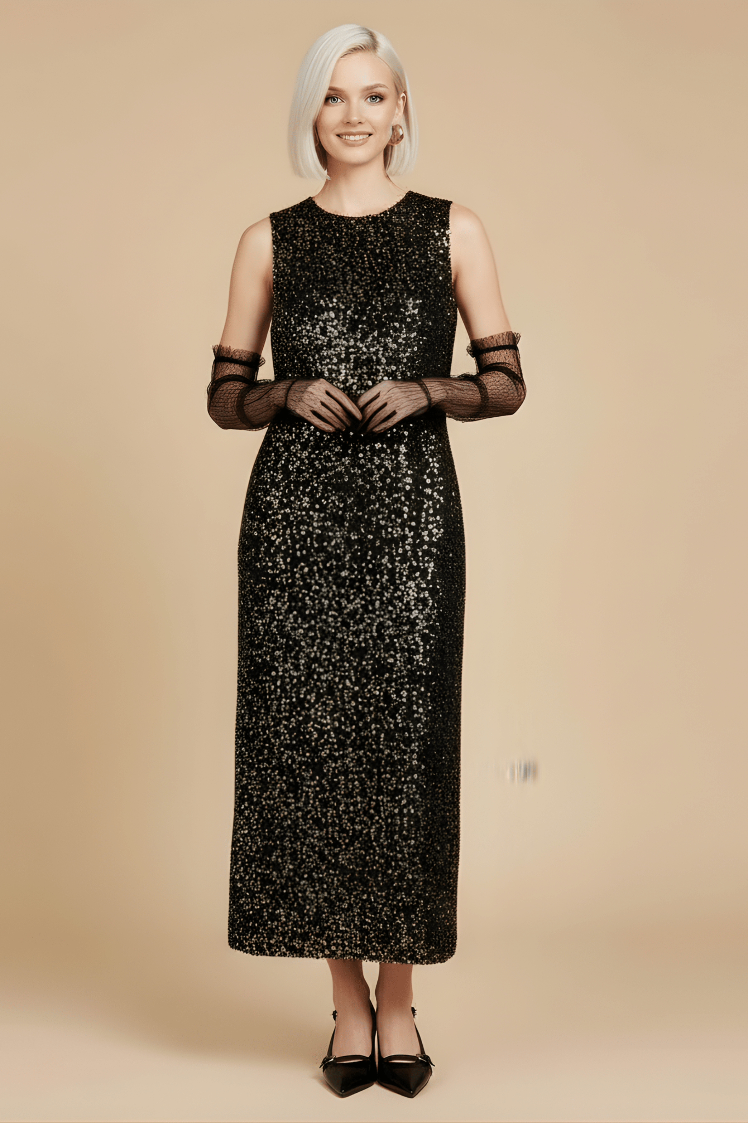 Vestido lentejuelas ocre midi sin mangas Lolitas&L - lolitasyl.com