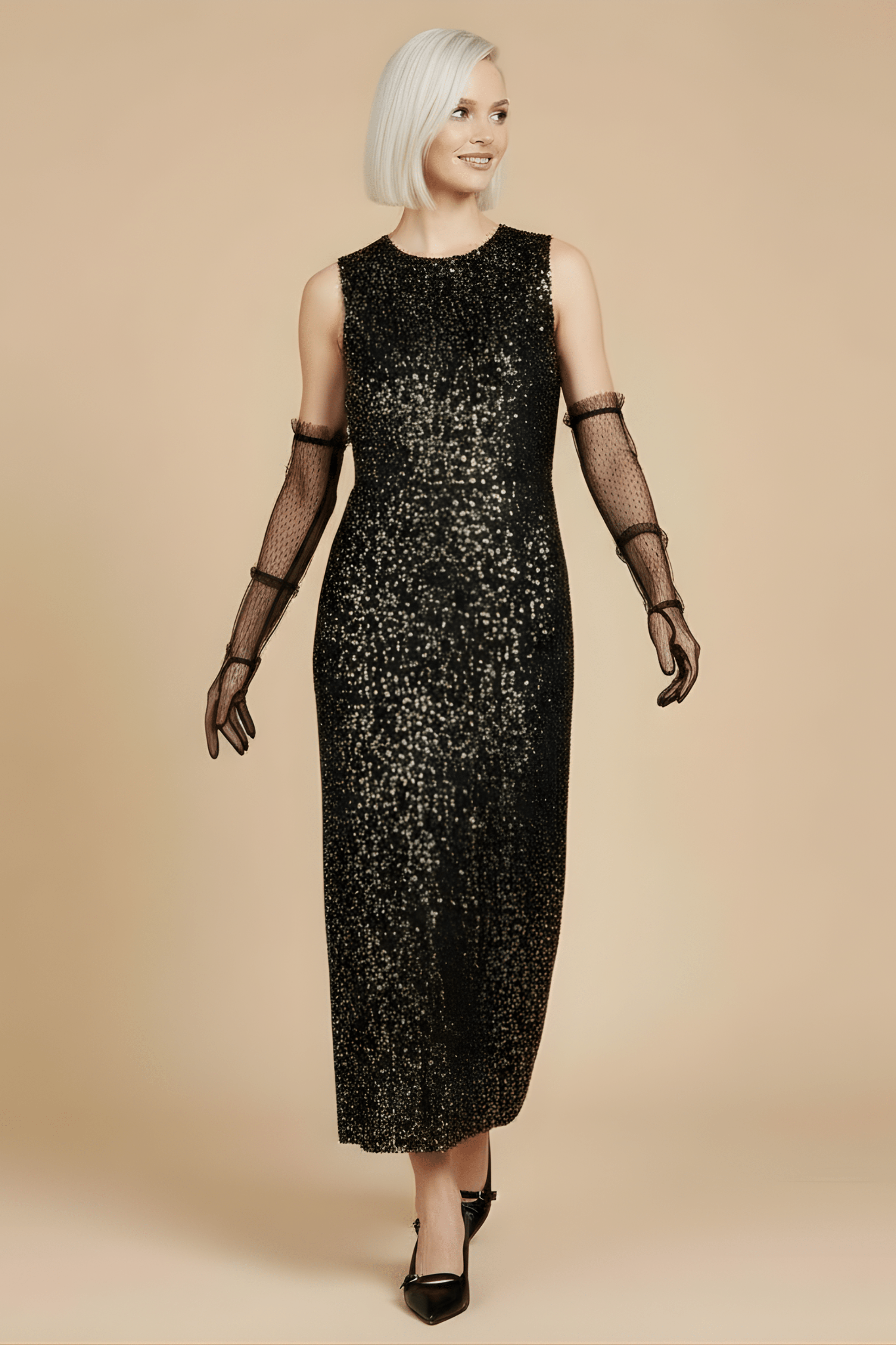 Vestido lentejuelas ocre midi sin mangas Lolitas&L - lolitasyl.com