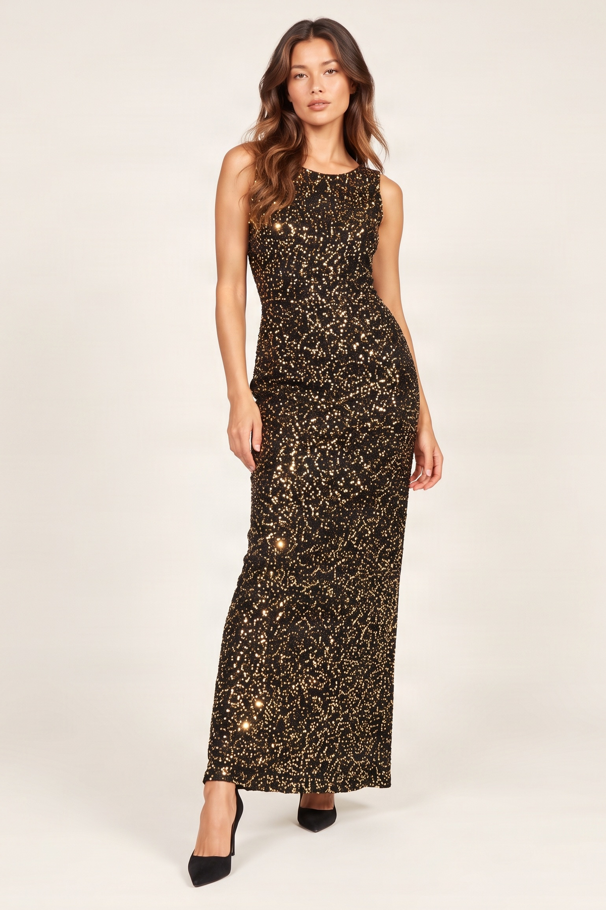 Vestido lentejuelas ocre midi sin mangas Lolitas&L