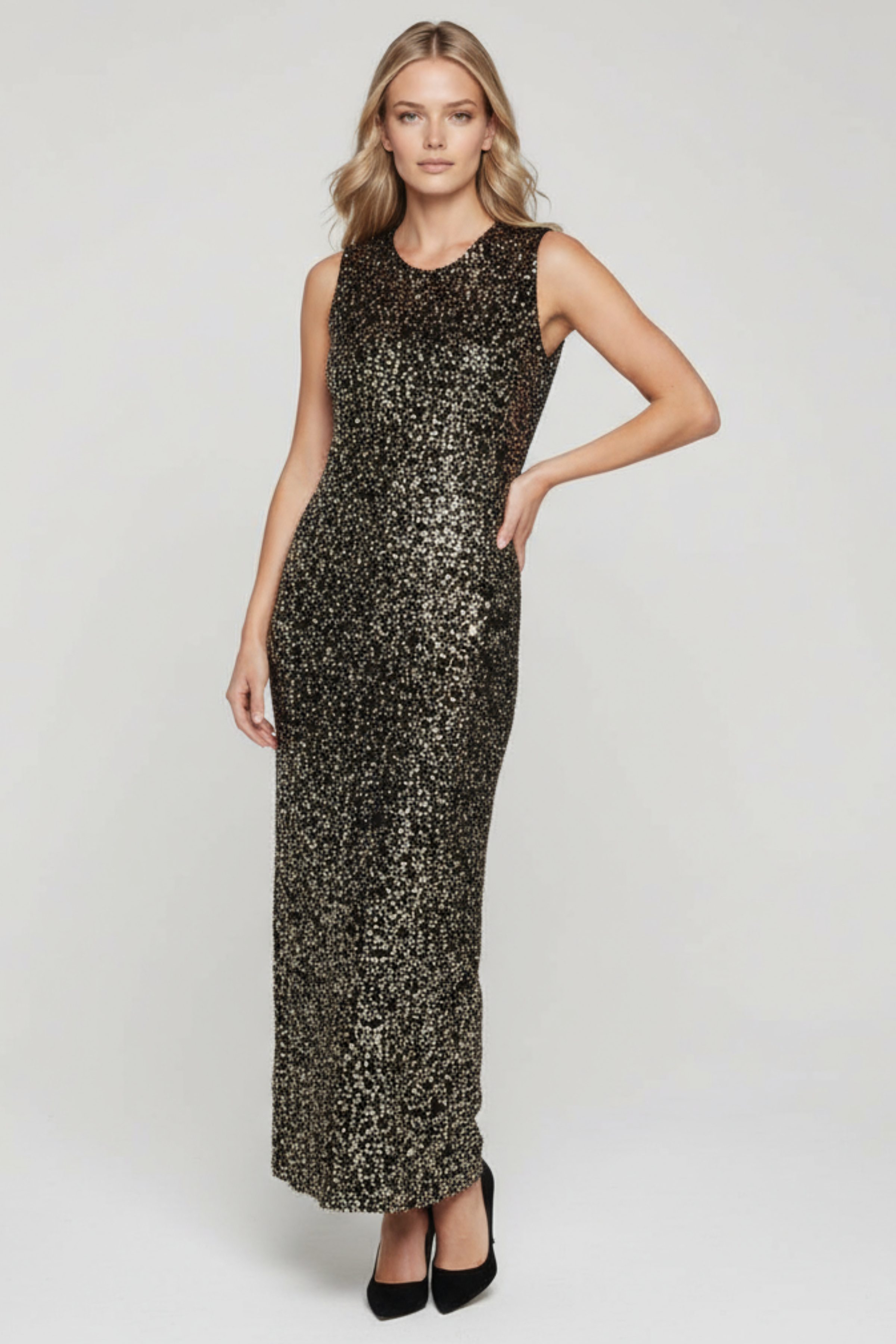 Vestido lentejuelas ocre midi sin mangas Lolitas&L