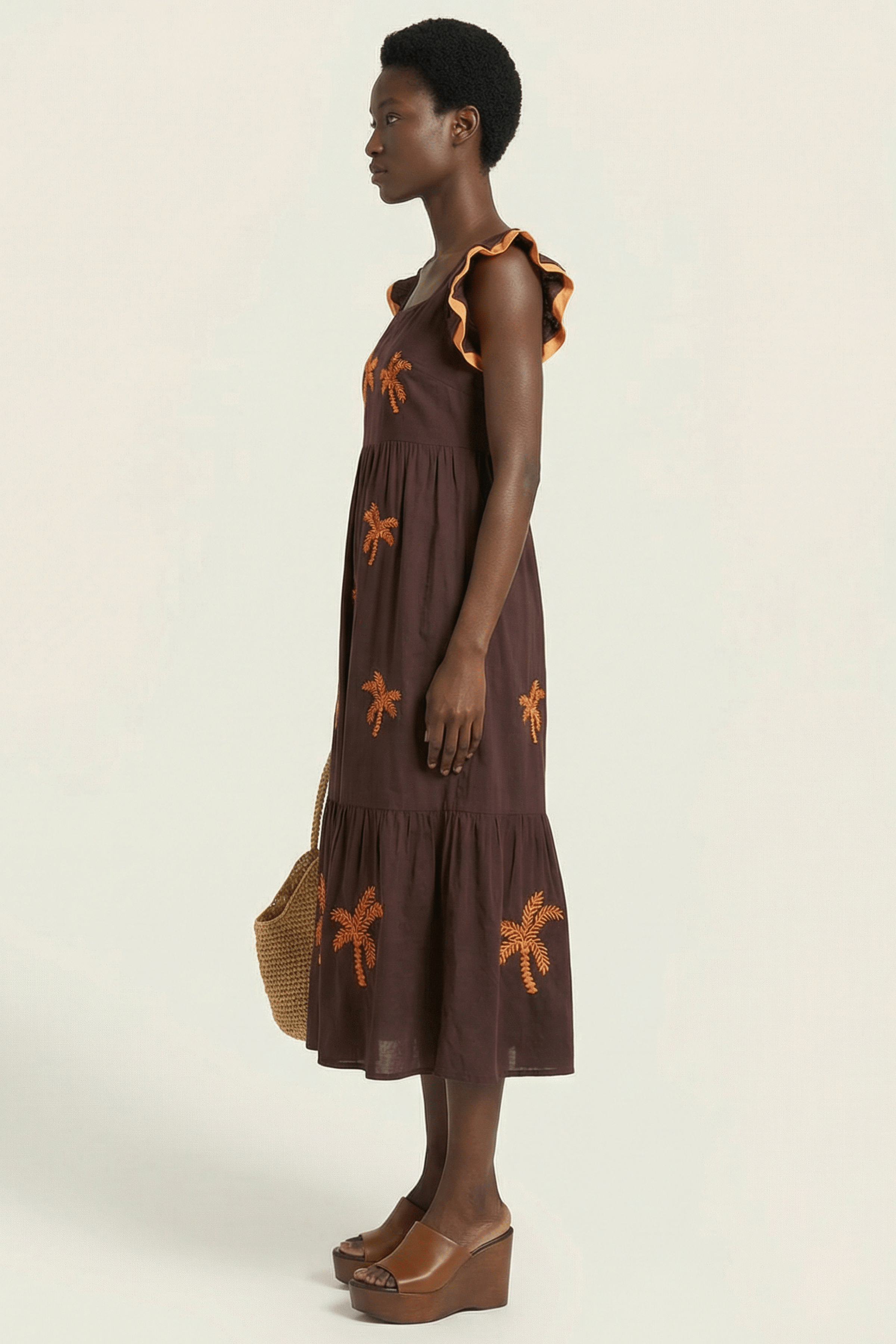 Vestido marron largo con palmeras bordadas y volantes Lolitas&L - lolitasyl.com