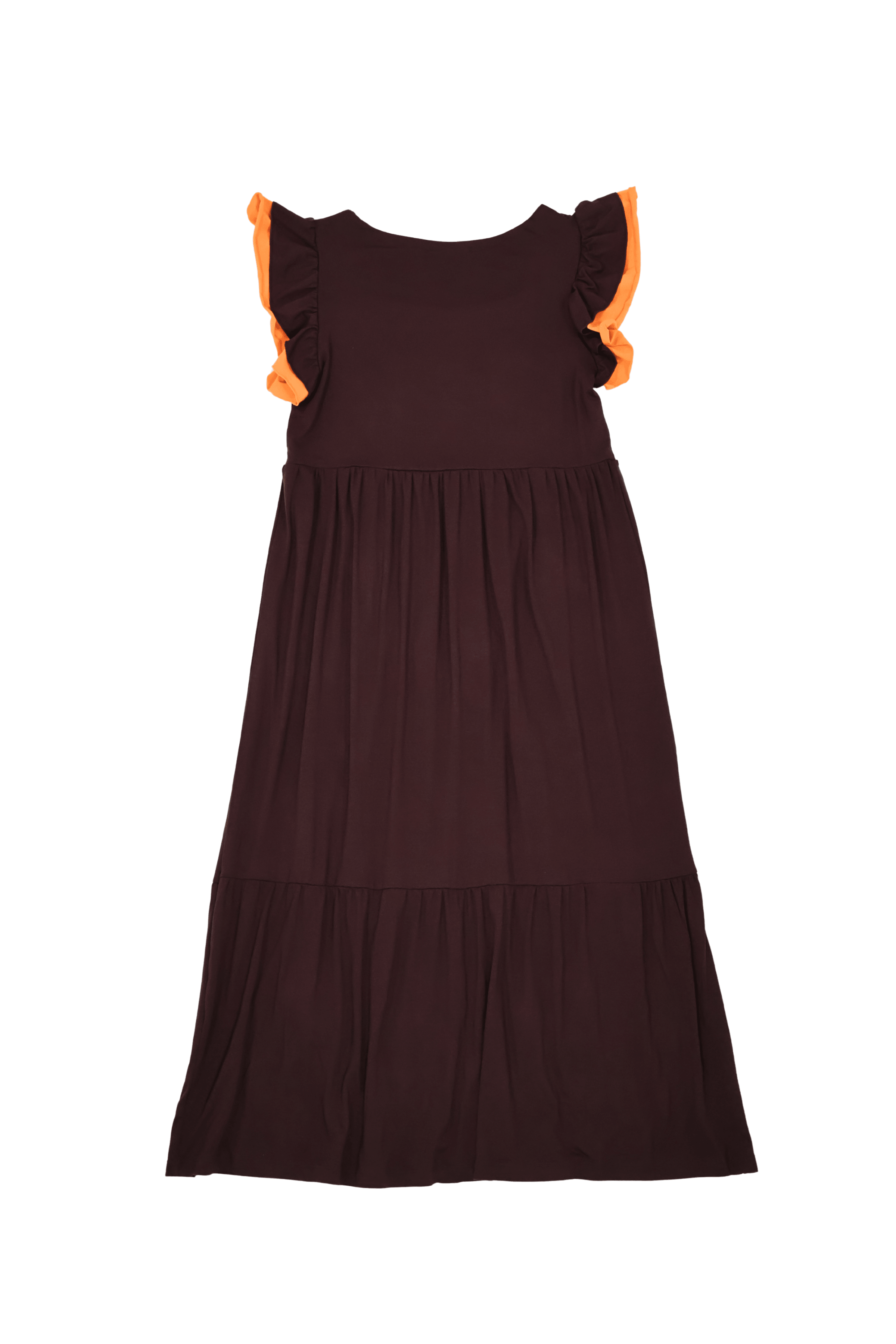 Vestido marron largo con palmeras bordadas y volantes Lolitas&L - lolitasyl.com