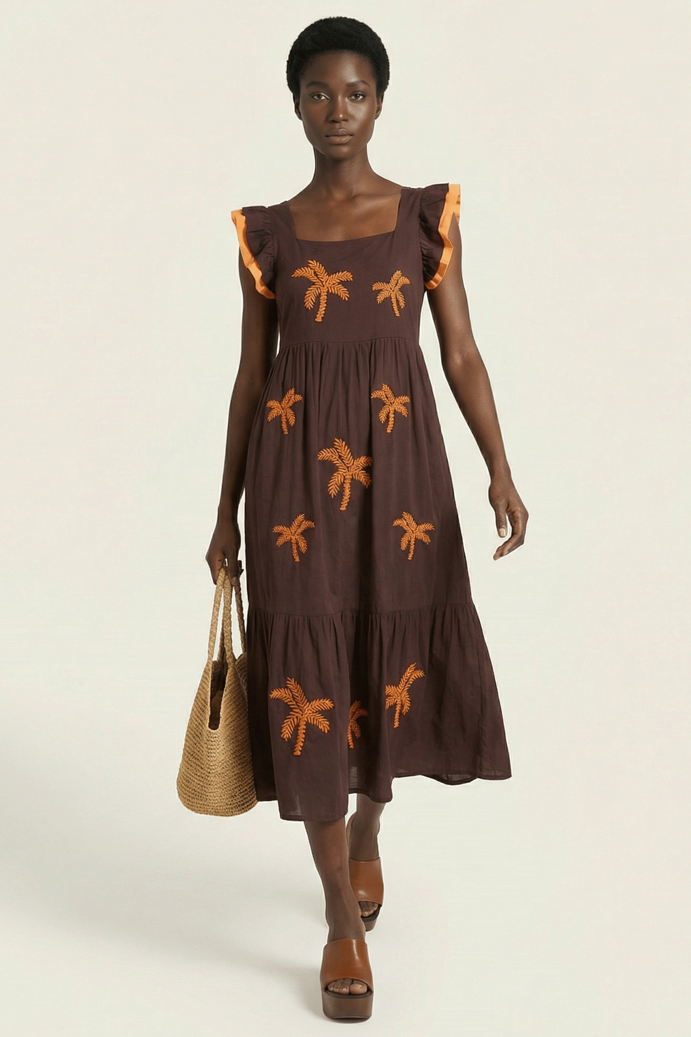 Vestido marron largo con palmeras bordadas y volantes Lolitas&L - lolitasyl.com