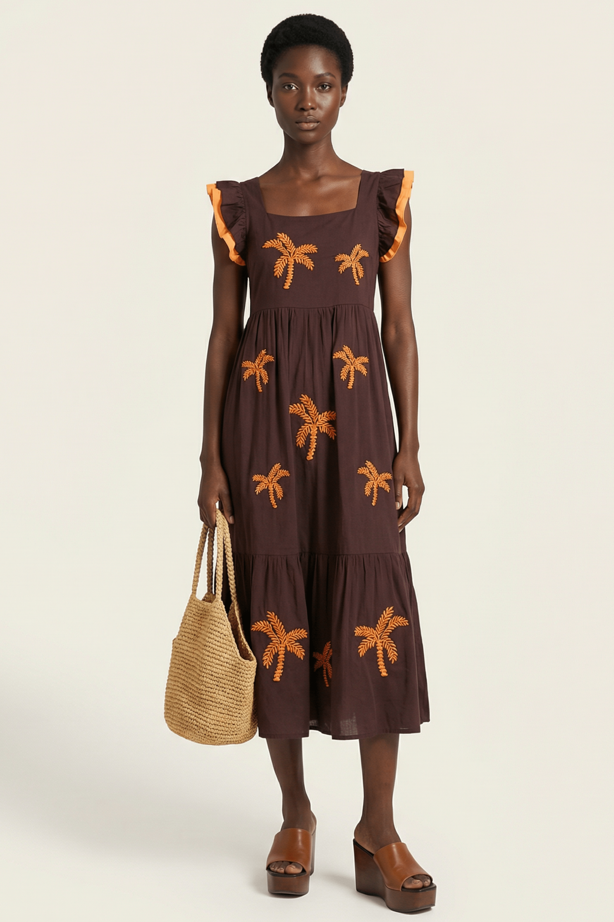 Vestido marron largo con palmeras bordadas y volantes Lolitas&L - lolitasyl.com