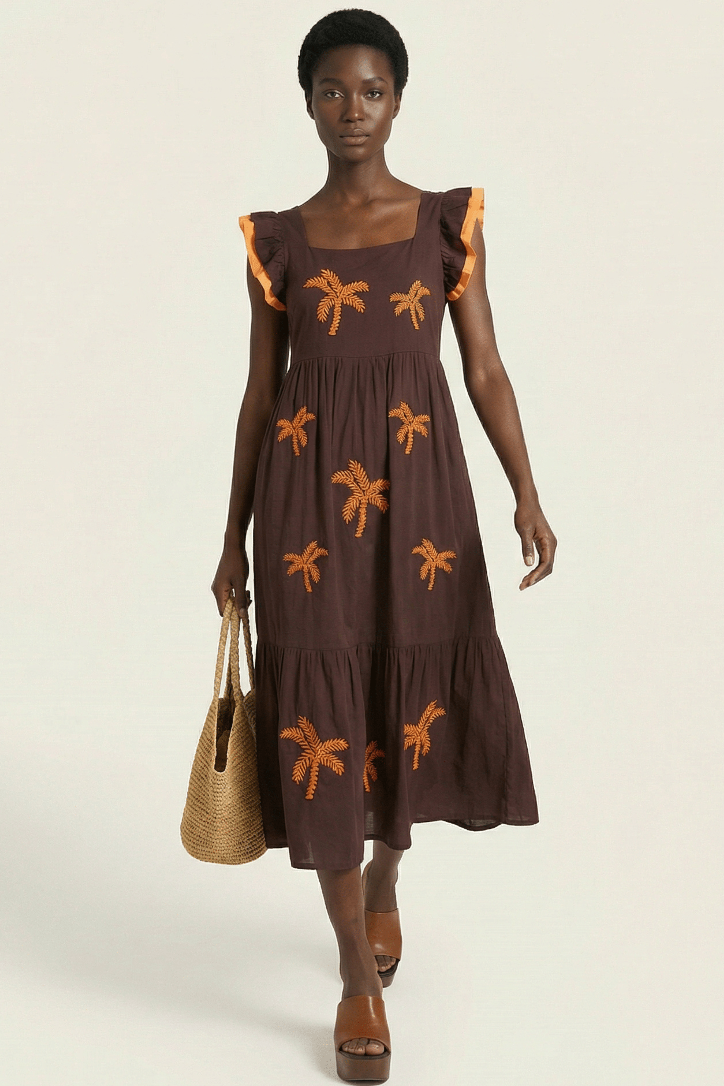 Vestido marron largo con palmeras bordadas y volantes Lolitas&L - lolitasyl.com