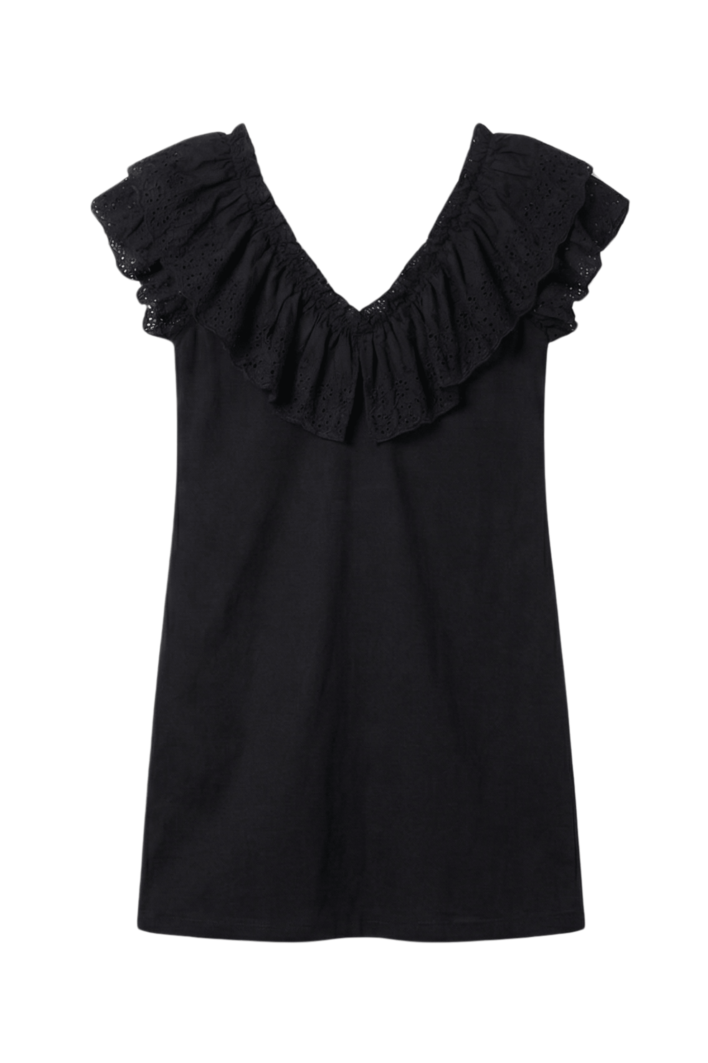 Vestido negro con volante de bordado ingles en el escote Lolitas&L - lolitasyl.com