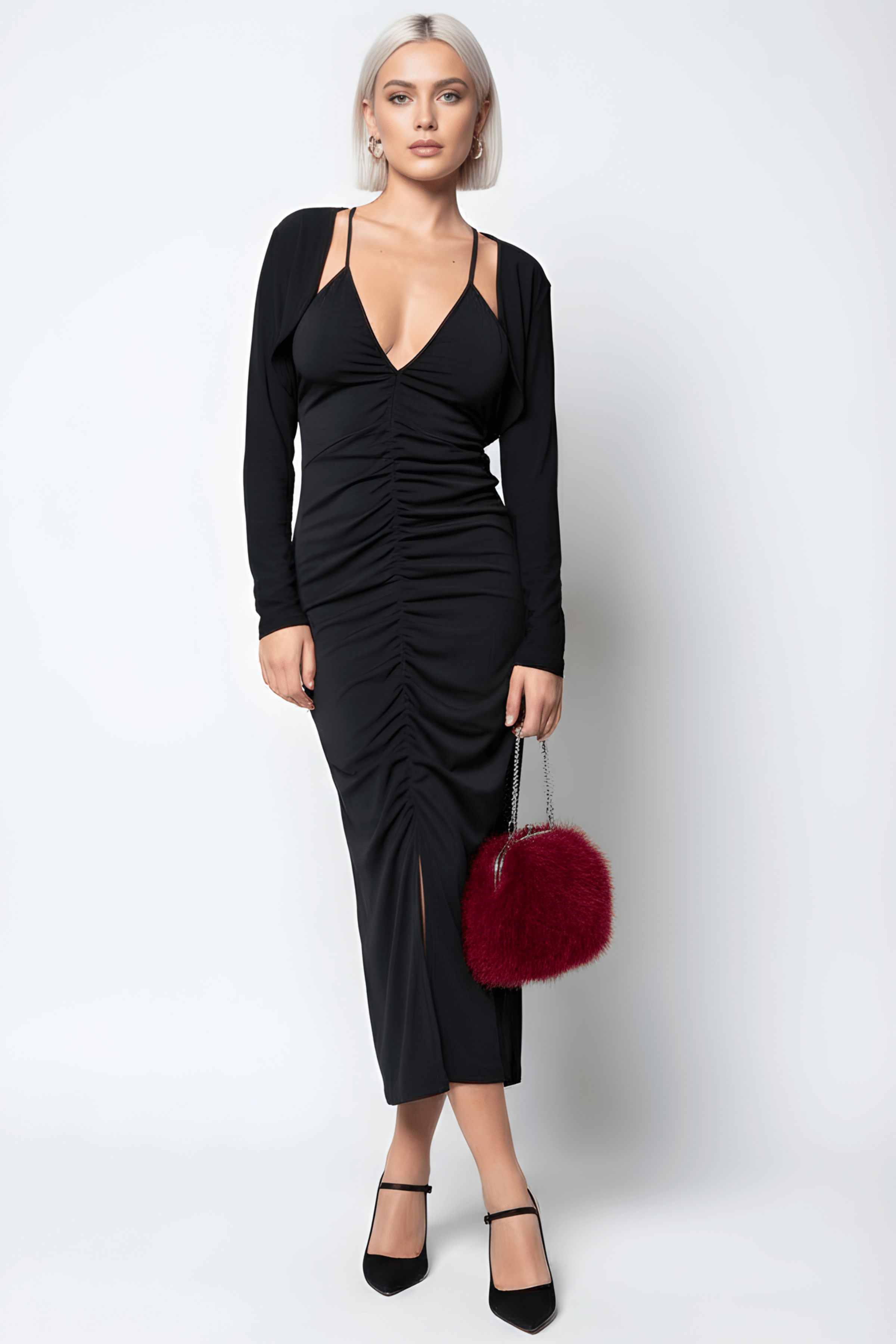 Vestido negro largo tirantes frunce con torera LolitasyL - lolitasyl.com