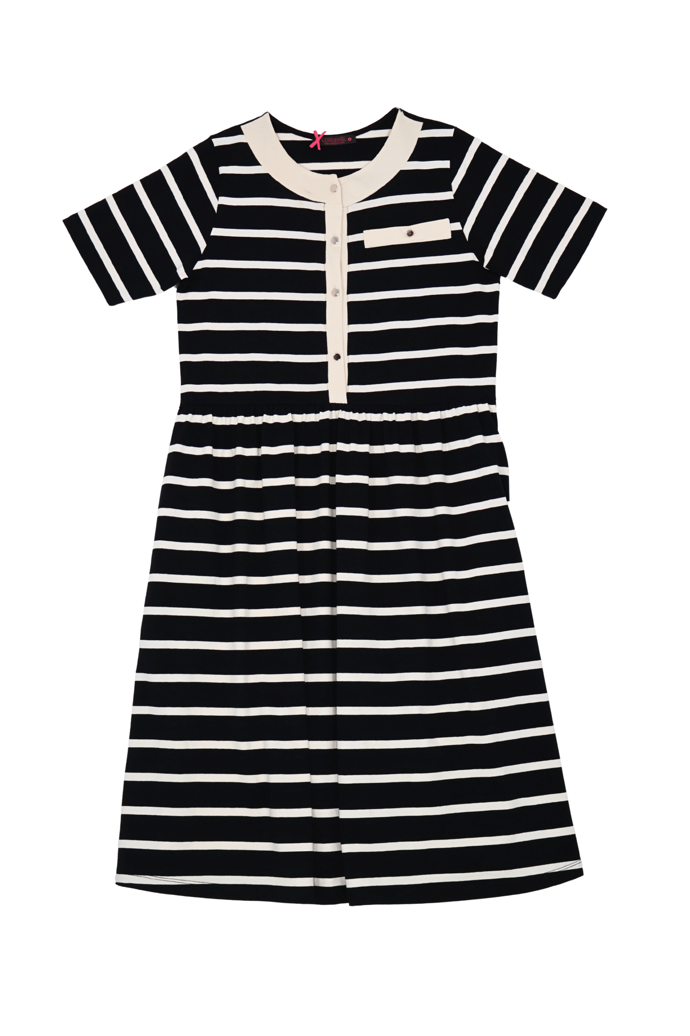 Vestido negro rayas abotonado con corte en la cintura Lolitas&L - lolitasyl.com